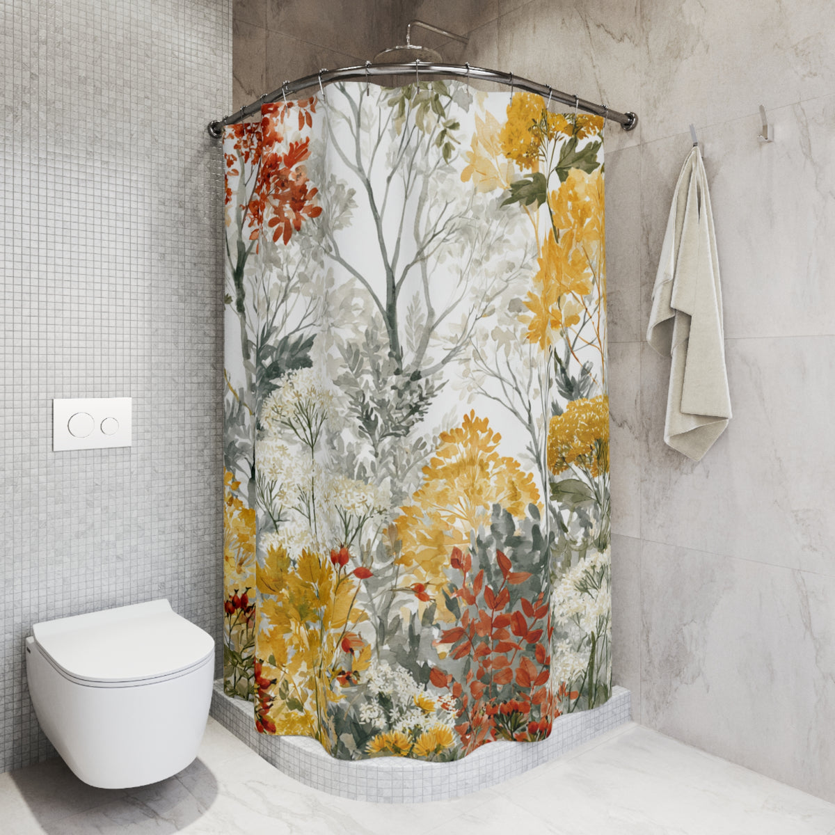 Mustard Rust Autumn Woodland Shower Curtain, Bath Curtain 71x74