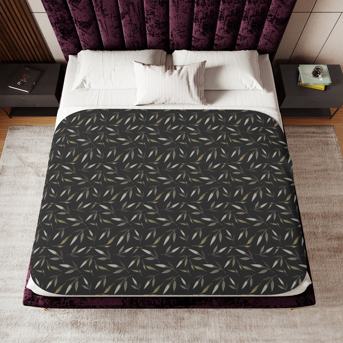 Black Beige Willow Leaf Sherpa Blanket | Moody Botanical Throw