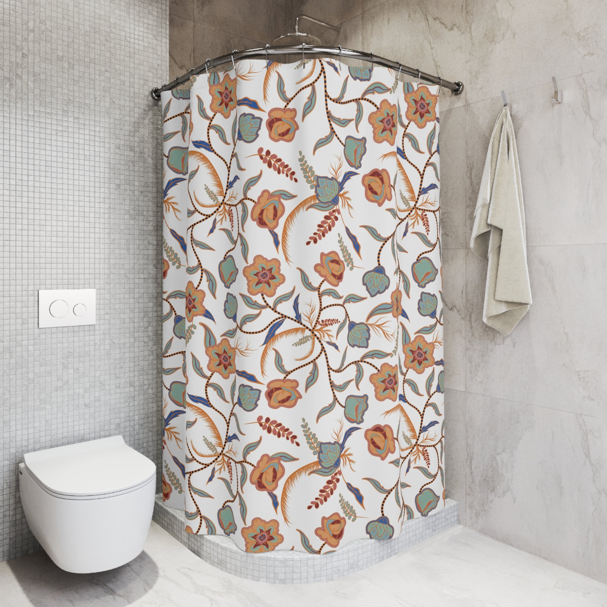 Boho Shower Curtain | White Blue Muted Orange Floral