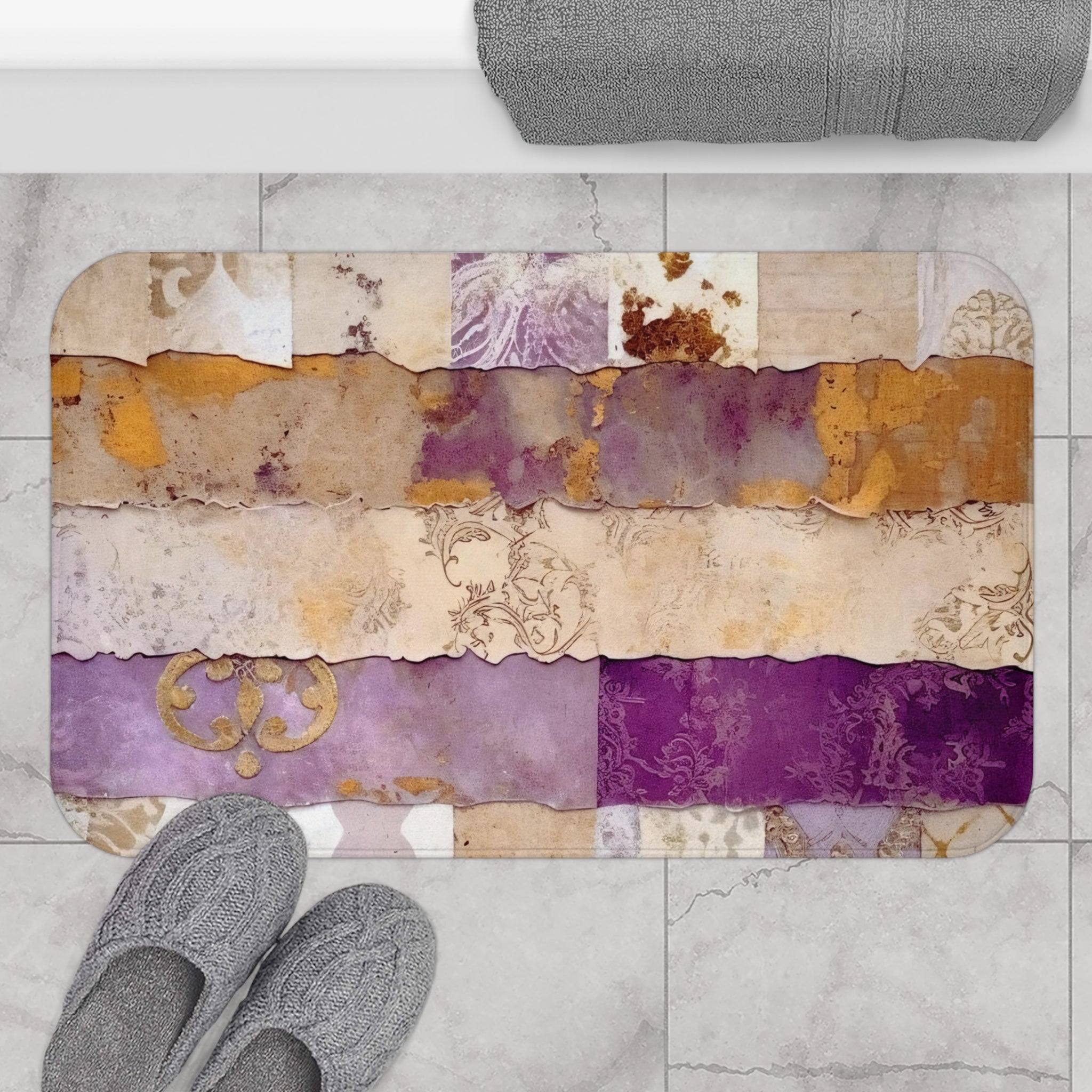 Boho Bath Mat, Kitchen | Bohemian Lilac Purple, Beige