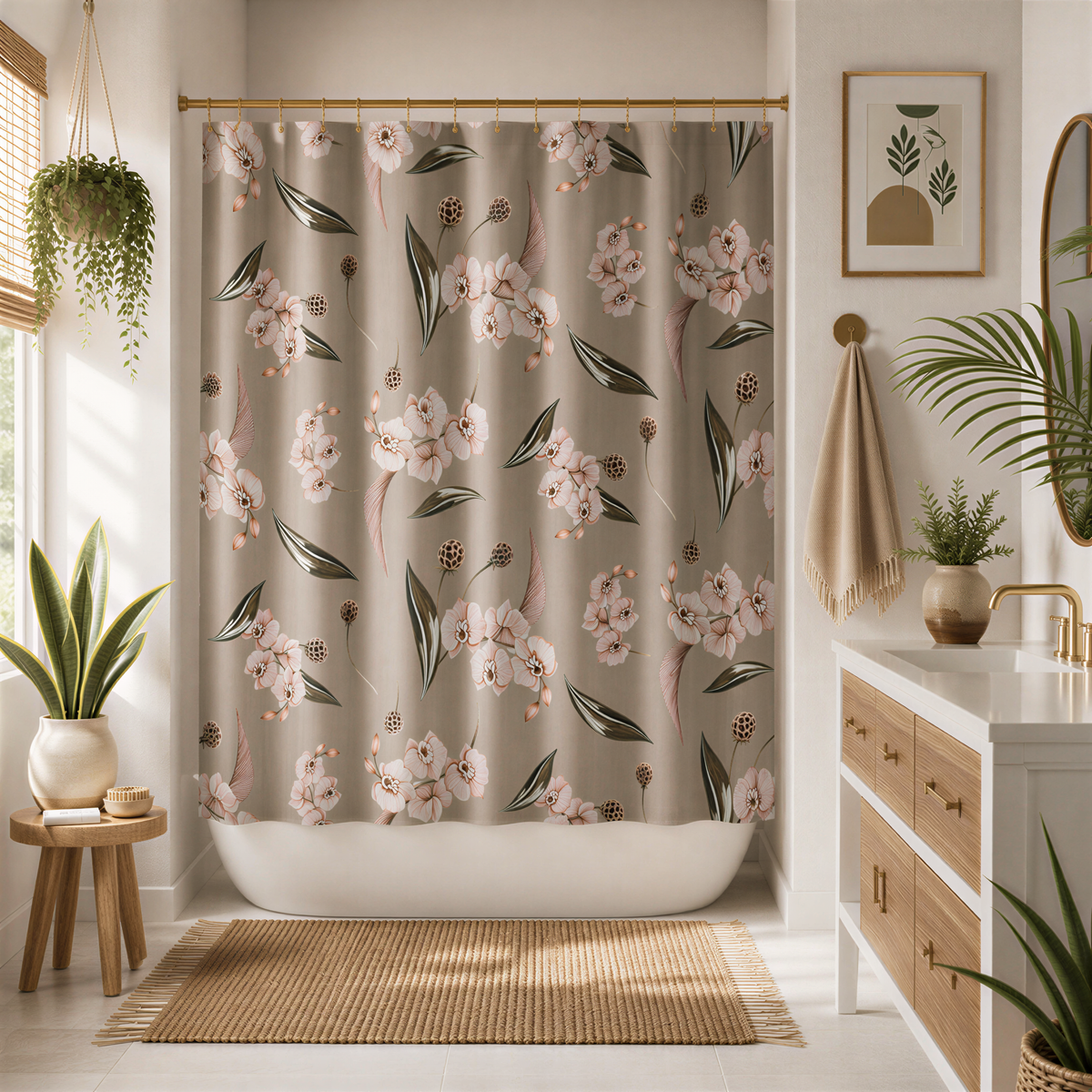 a well-decorated bathroom with a floral patterned shower curtain, a wooden vanity, and various potted plants.
