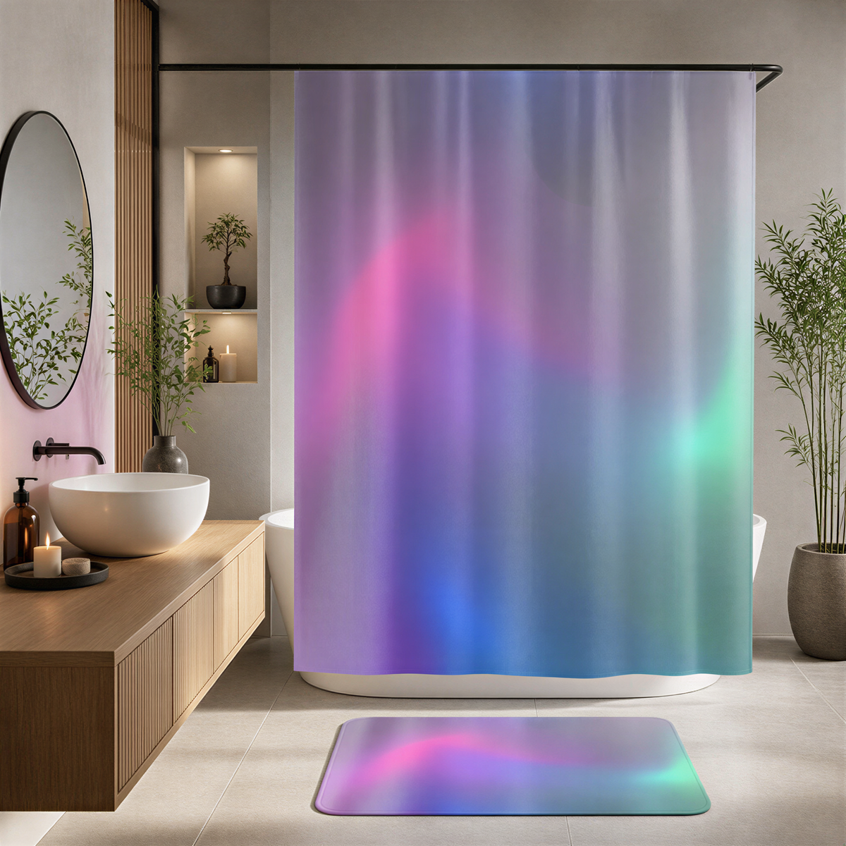 a modern bathroom with a large, colorful shower curtain featuring a gradient of purple, blue, and pink hues. The bathroom is well-decorated with potted plants, a round mirror, and a wooden vanity.