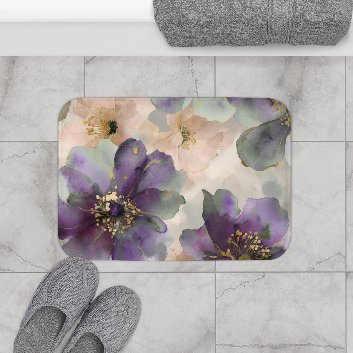 Plum Blush Watercolor Floral Bath Mat, Romantic Bathroom Rug