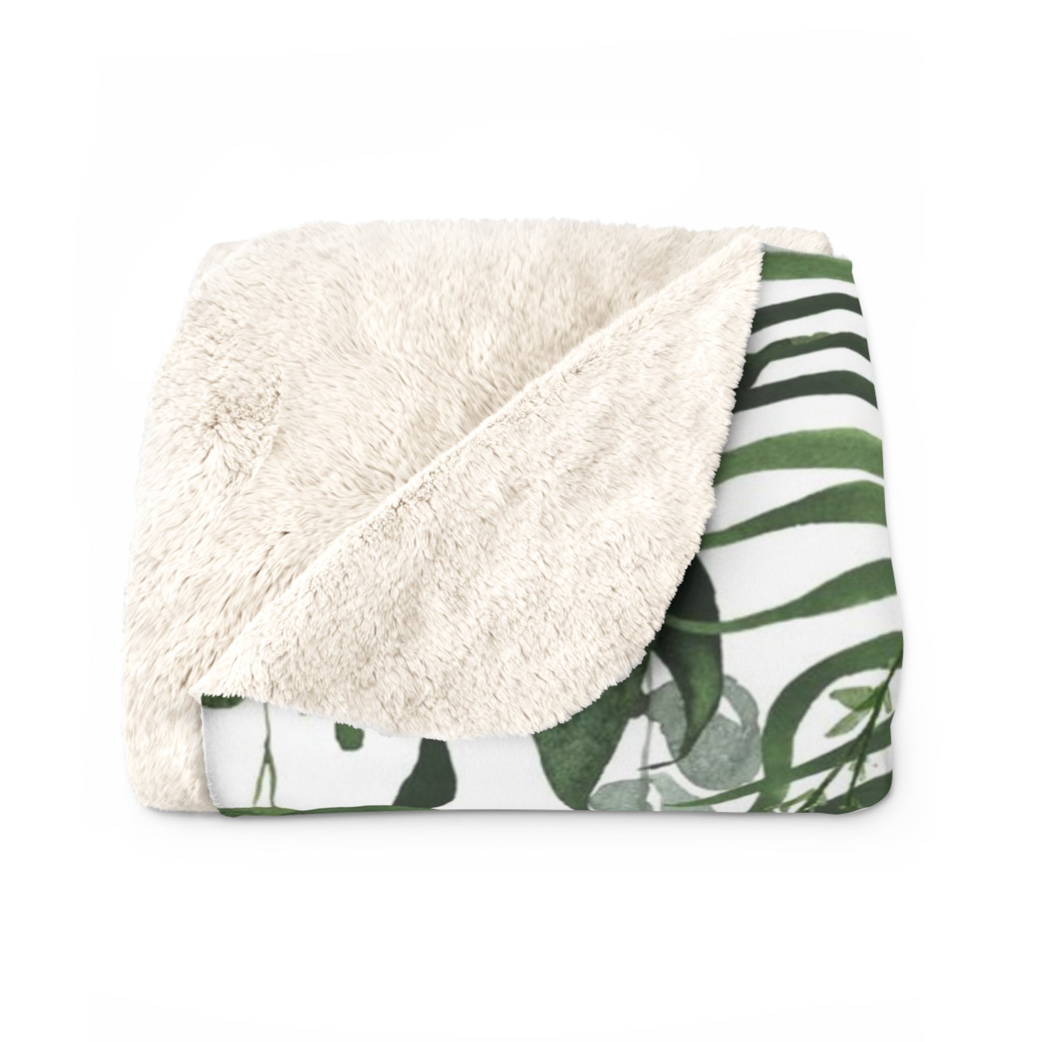 Floral Boho Comfy Blanket | White Green Monstera Leaves