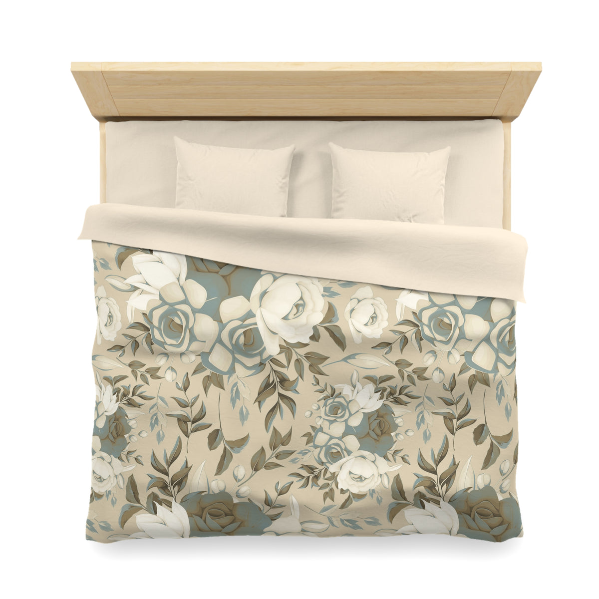 a neatly made bed with a floral print comforter and pillows.