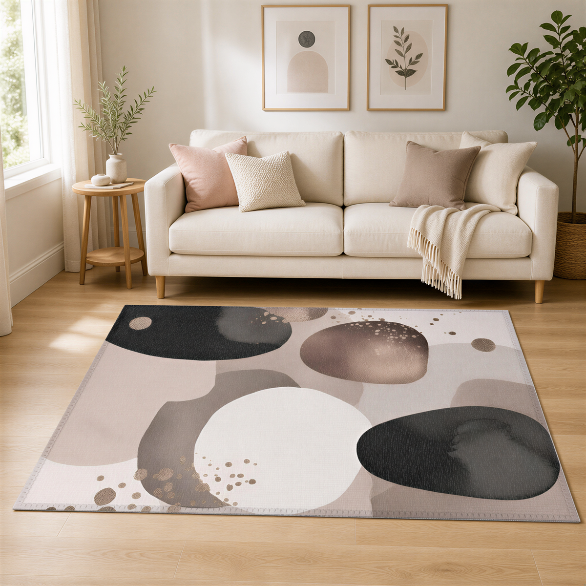 a living room with a beige sofa, a rug with abstract geometric patterns, and a potted plant. The room has a minimalist and modern design, with neutral colors and simple furnishings.