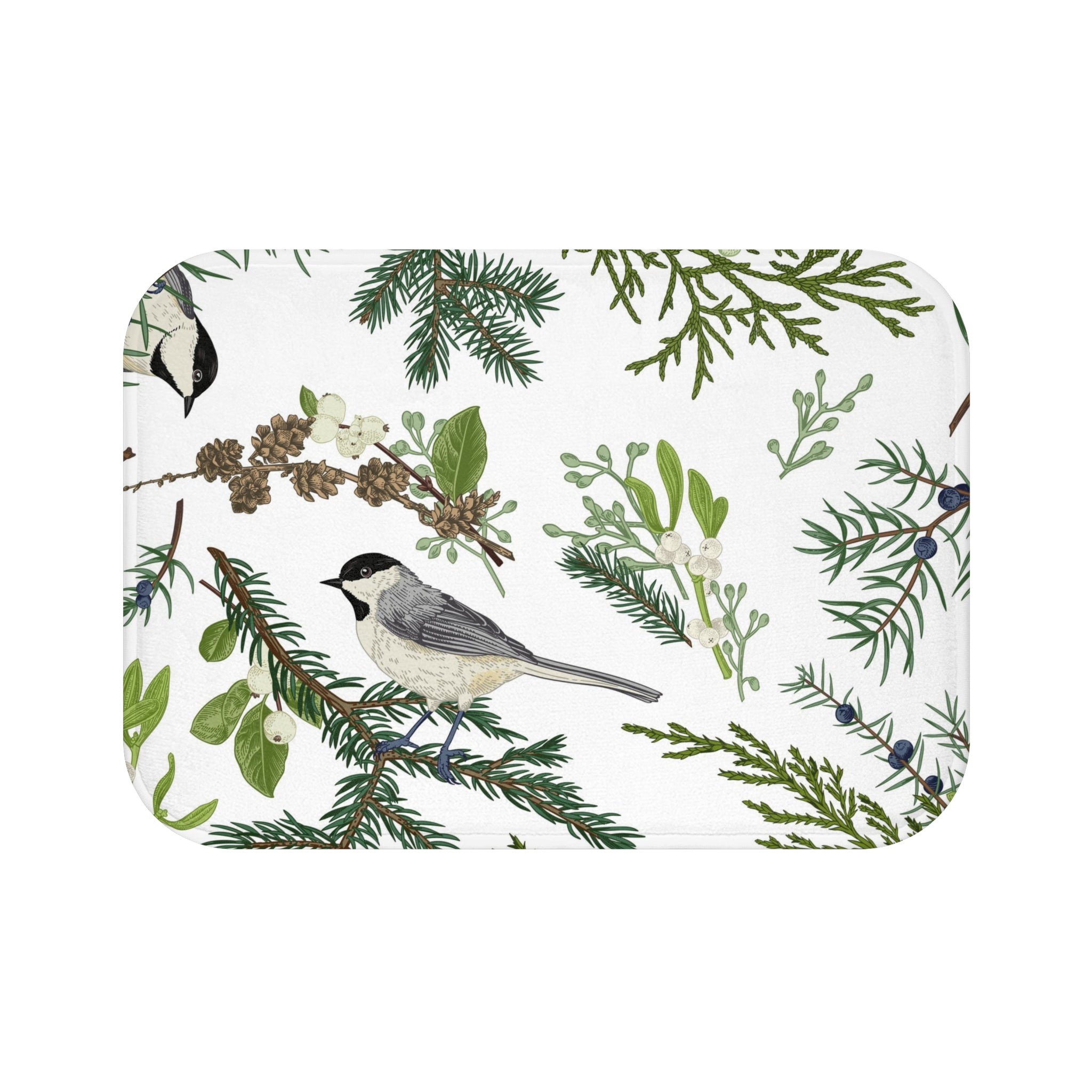 Nature Bath Mat, Kitchen Mat | White Green, Bird Nature Floral