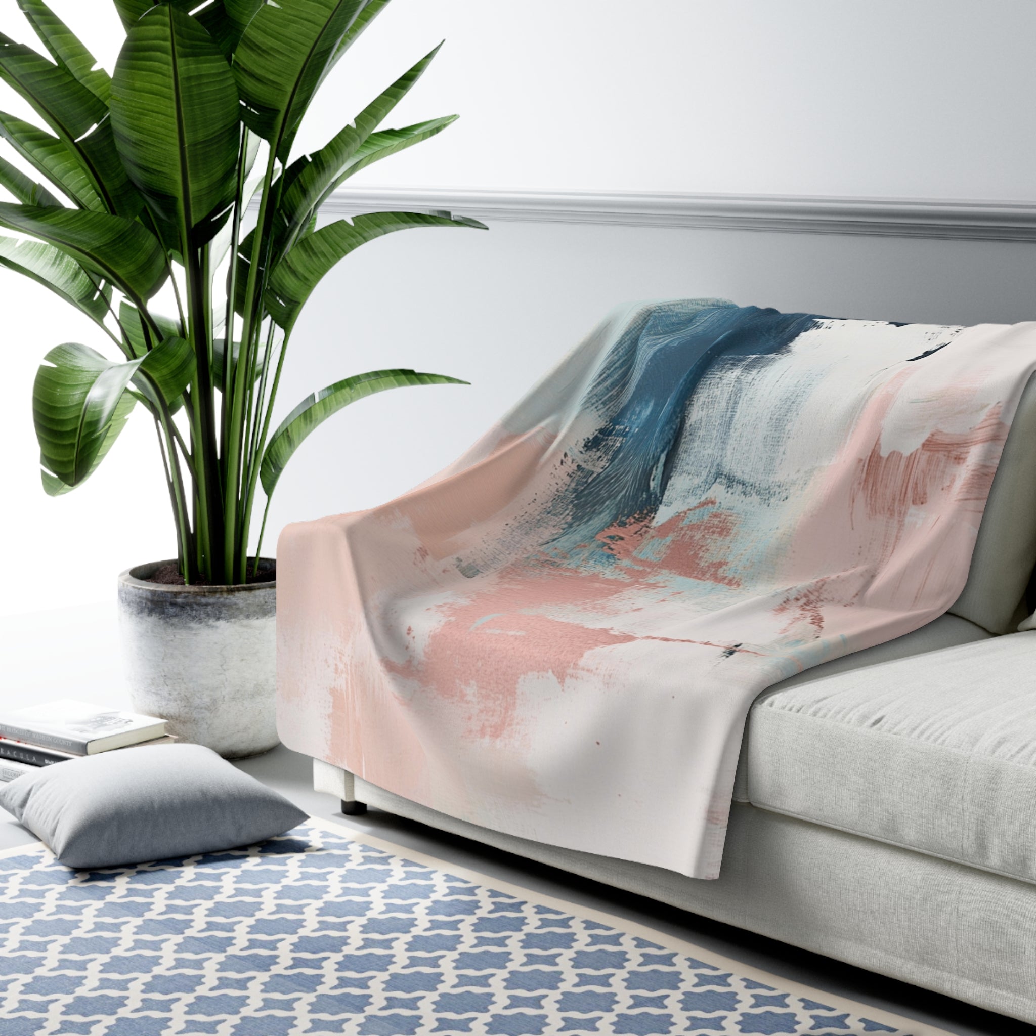Abstract Throw Blanket | Blush Pink White Blue Watercolor