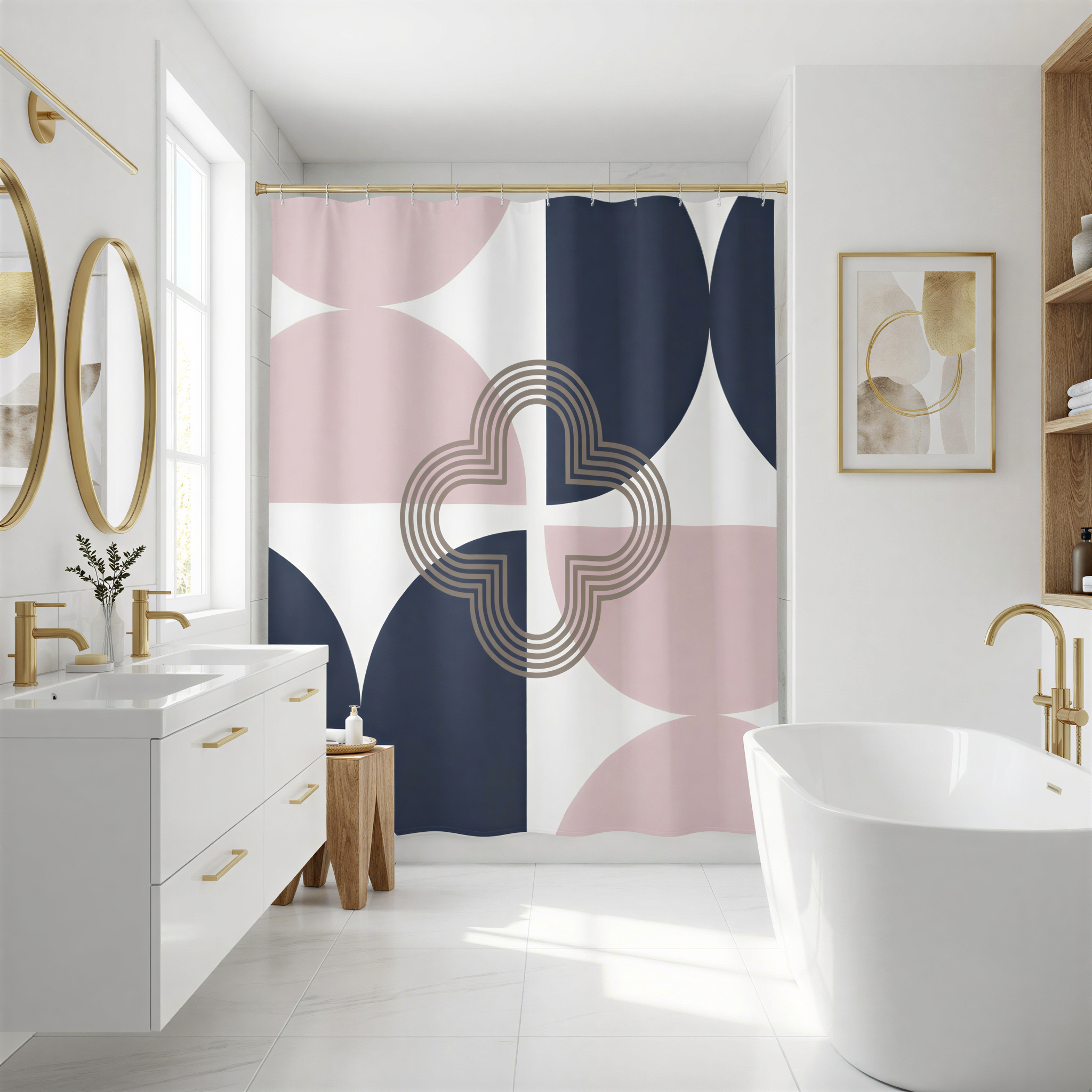 a modern bathroom with a white bathtub, a sink, and a shower curtain featuring a geometric pattern in pink, blue, and white colors.