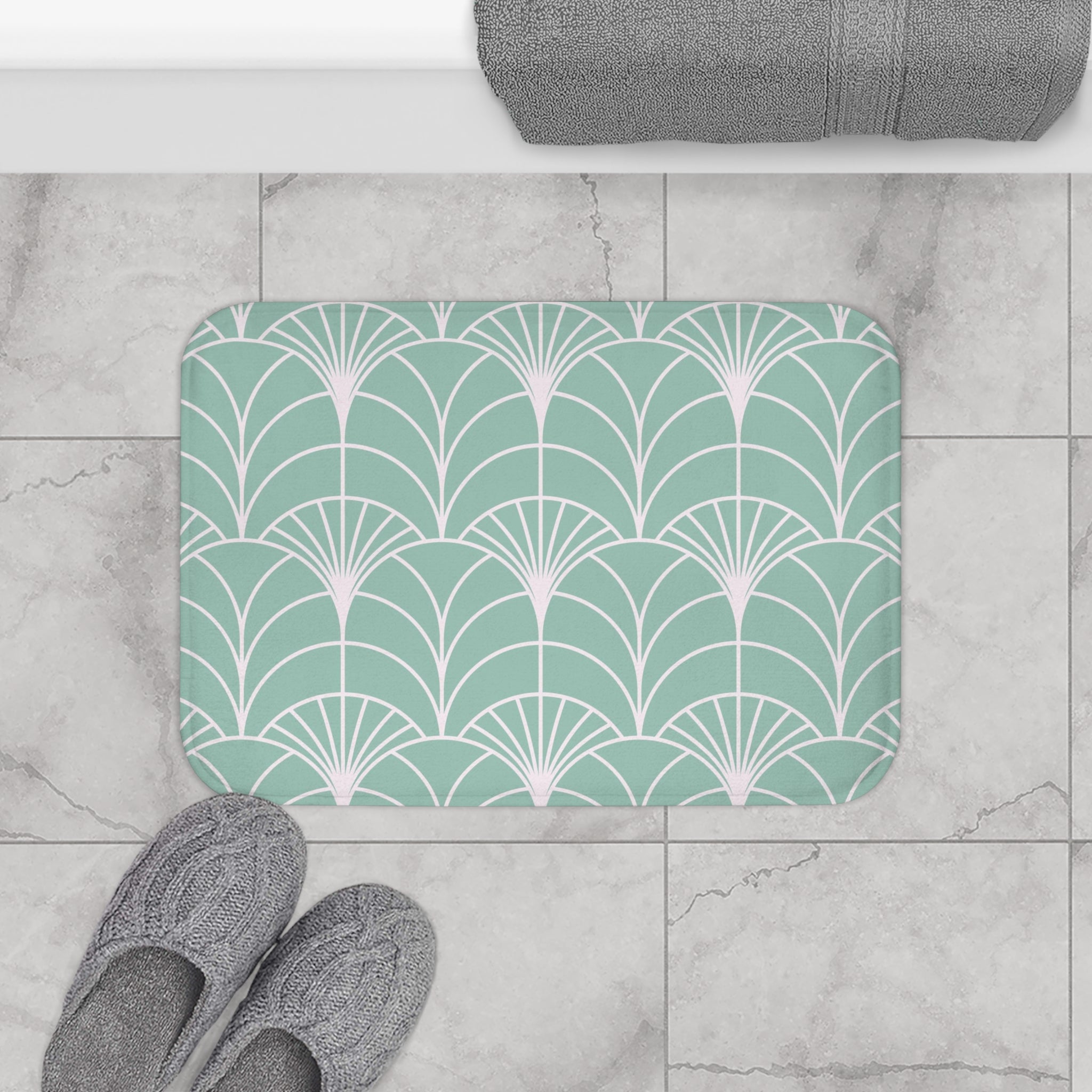 Boho Bath, Kitchen Mat |  Art Deco Mint Green White