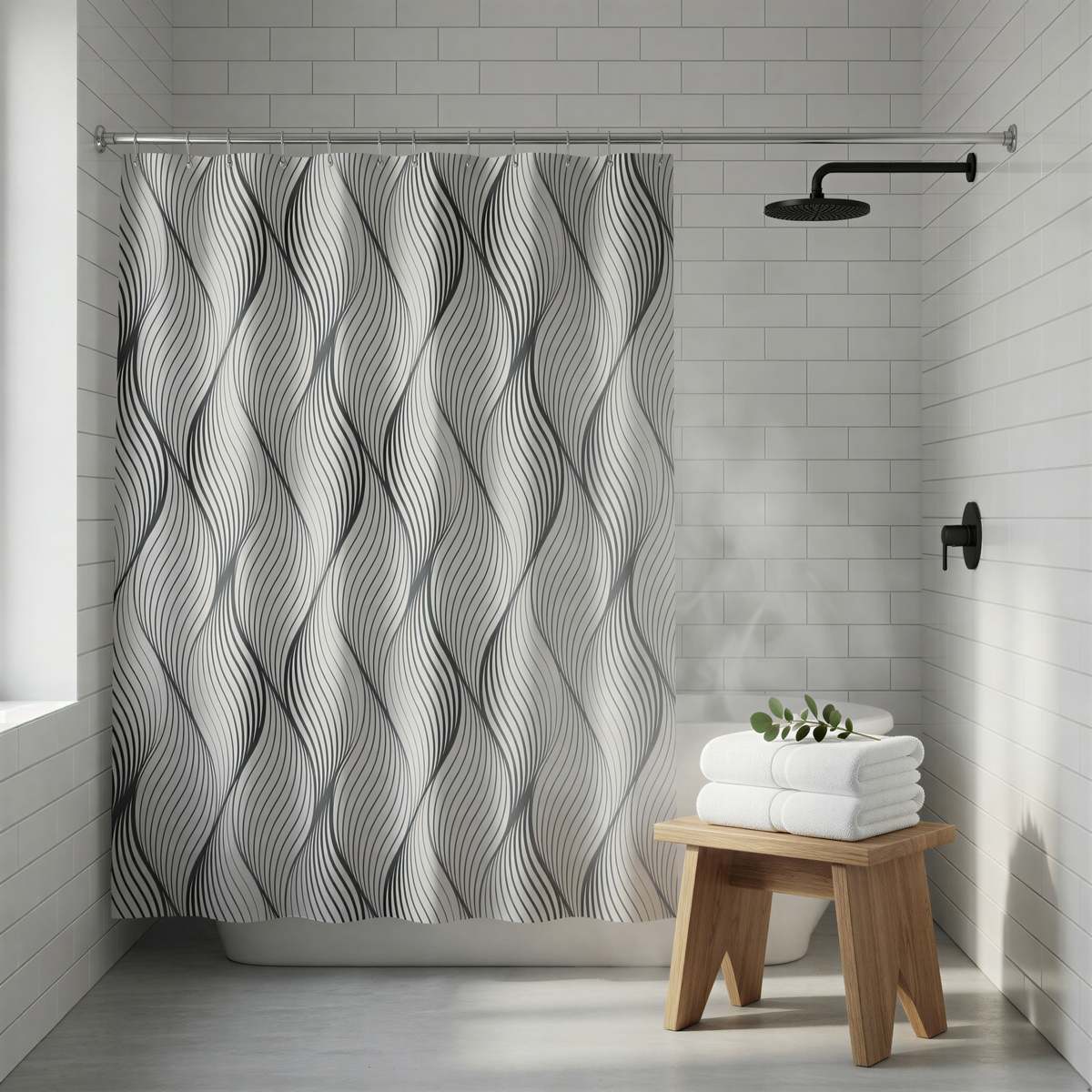 a modern bathroom with a shower curtain featuring a black and white wave pattern, a wooden stool with folded towels, and a black shower head.