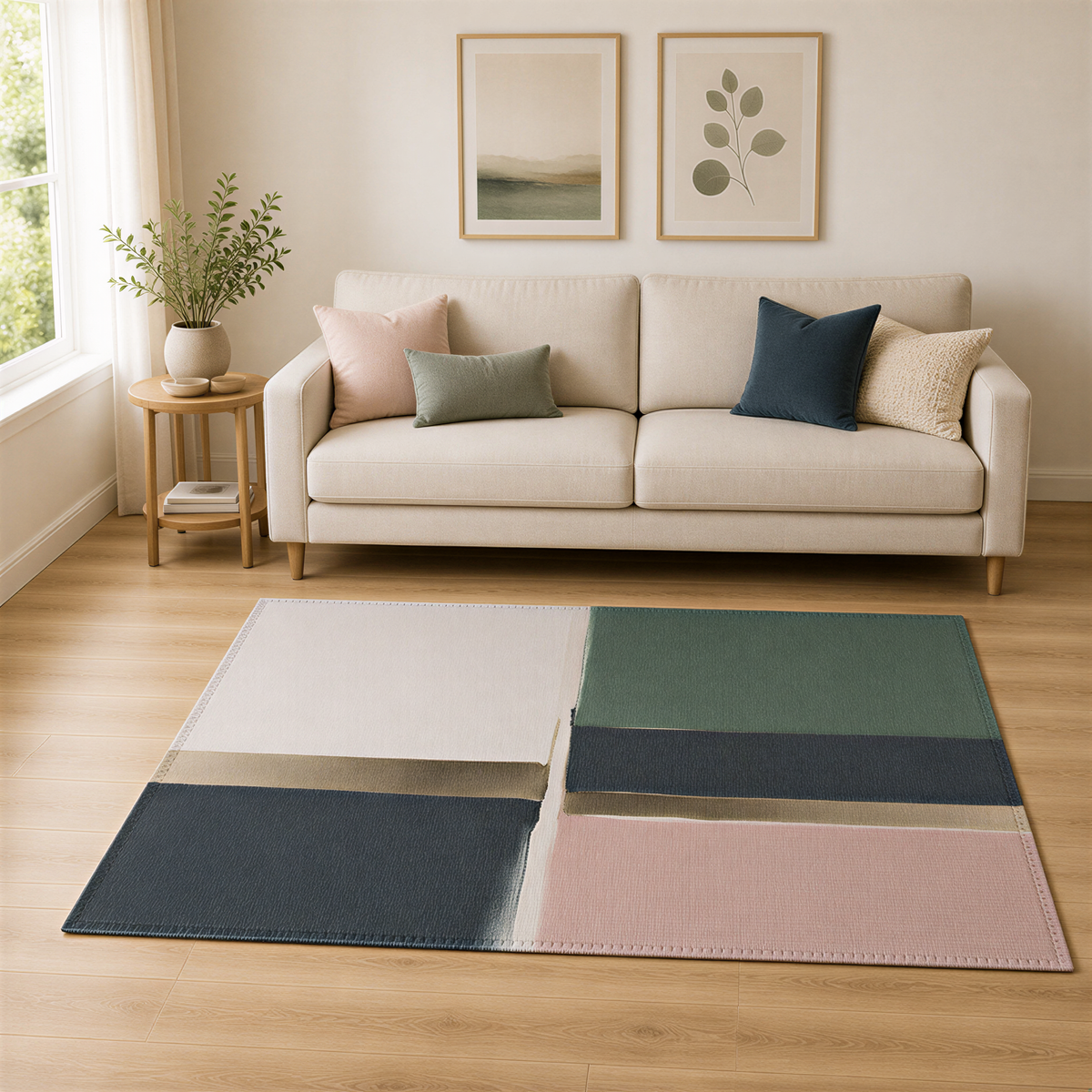 a cozy living room with a beige sofa, a colorful area rug, and a small side table with a plant. The room has a window that allows natural light to enter, and there are two framed pictures on the wall.
