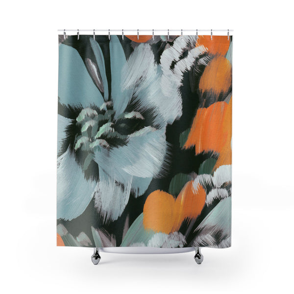 Abstract Floral Shower Curtain | Pale Blue, Orange Bath Curtain