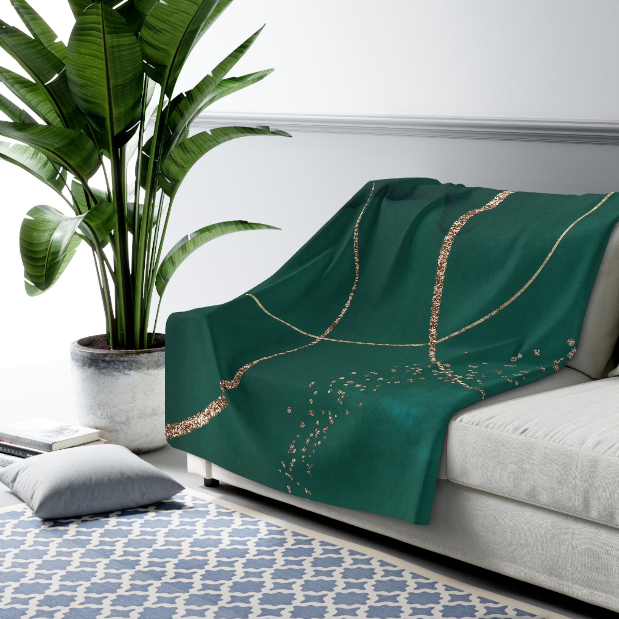 Abstract Boho Couch, Fleece Throw Blanket | Modern Green, Muted Gold Watercolor