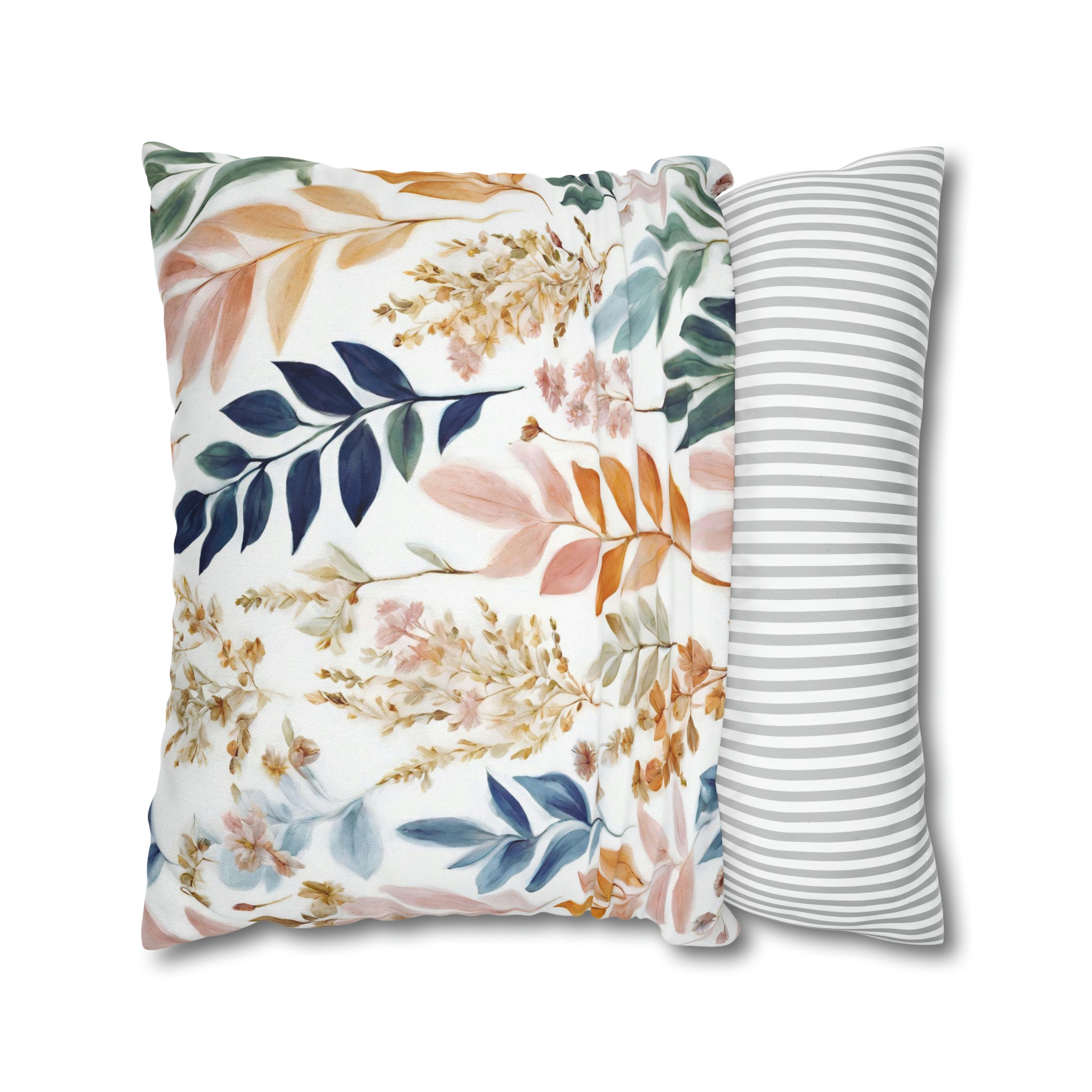 Boho Floral Throw Pillow Cover | White Blue Beige Leaves