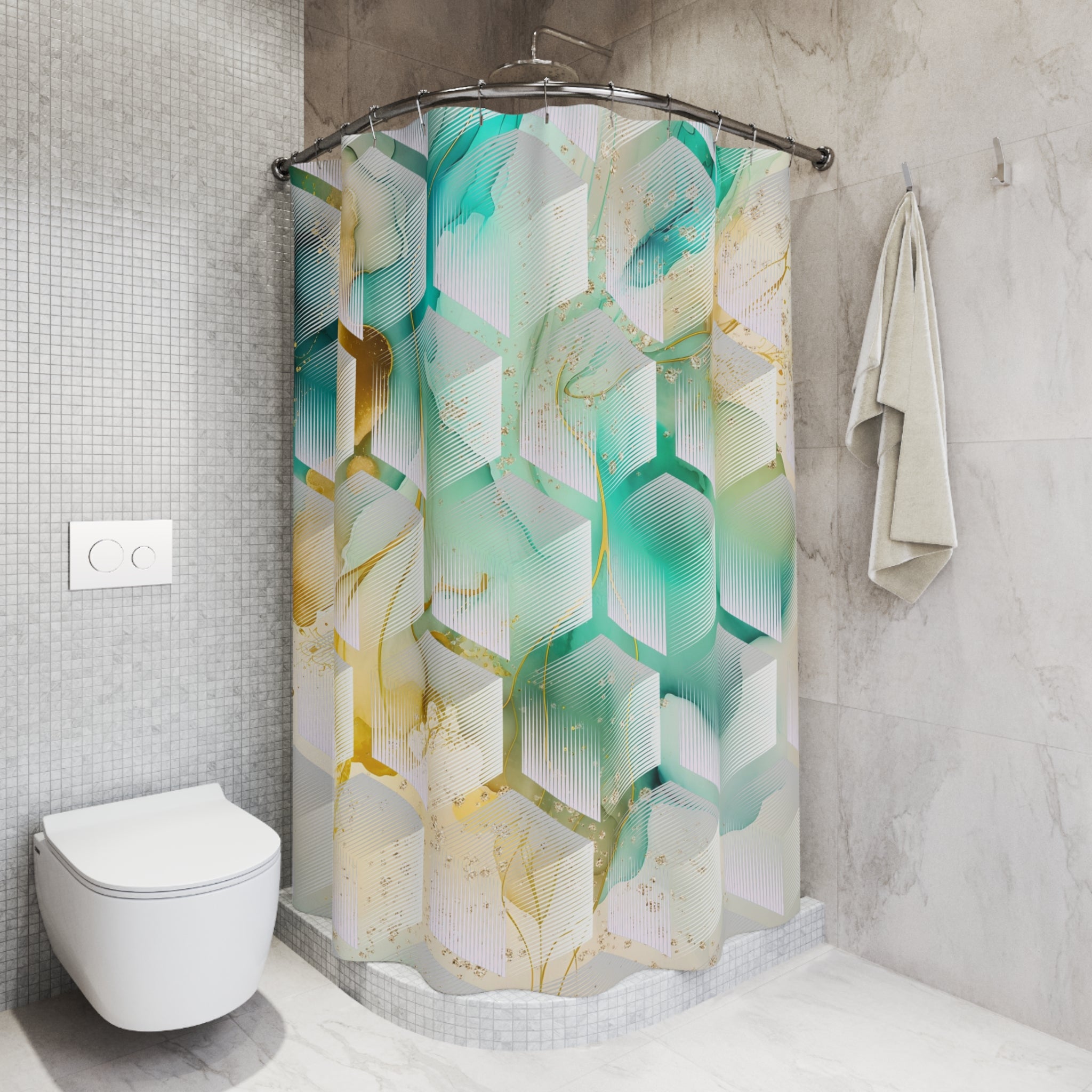 Teal Green Shower Curtain | Geometric, White Gold Beige