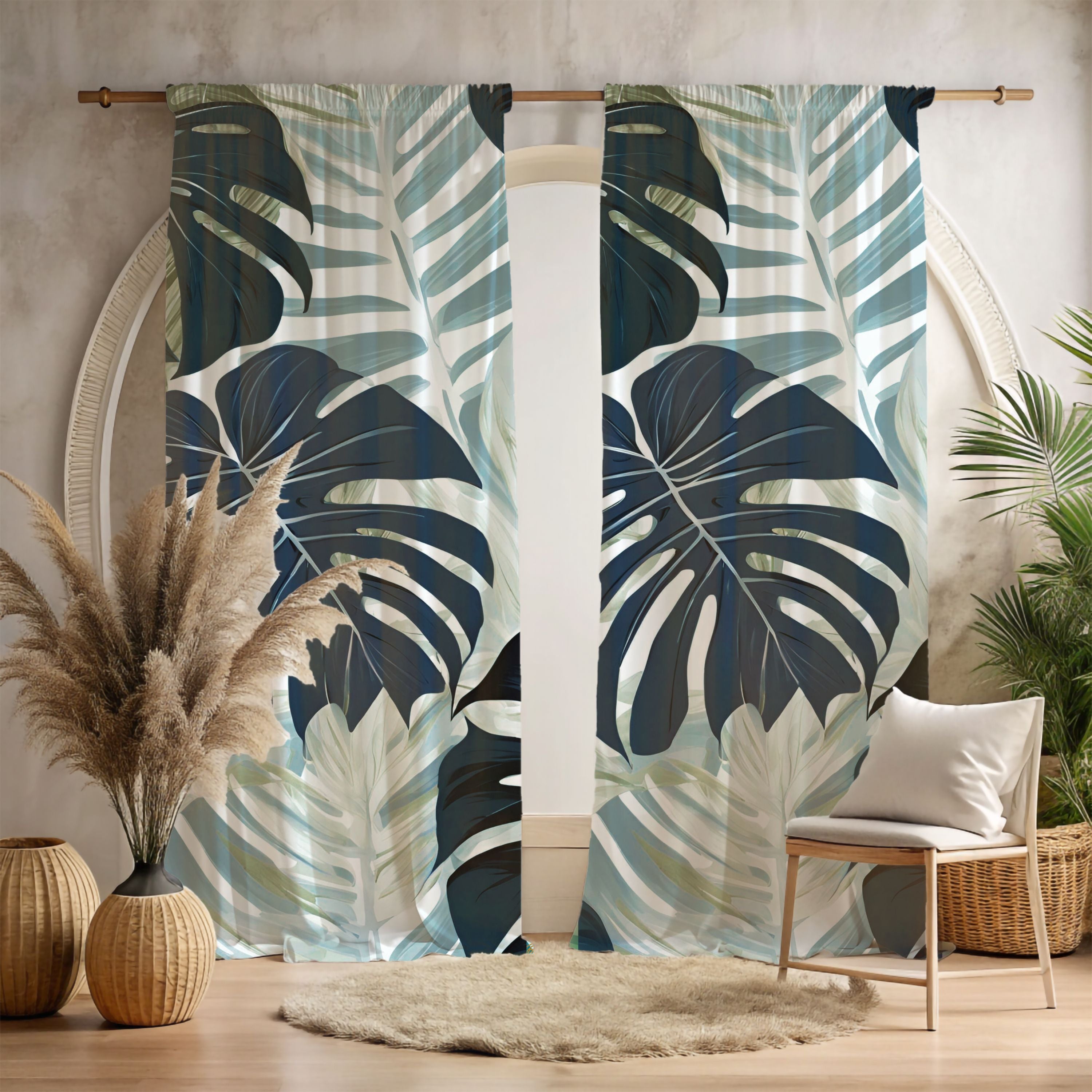 a living room scene with a chair and a curtain