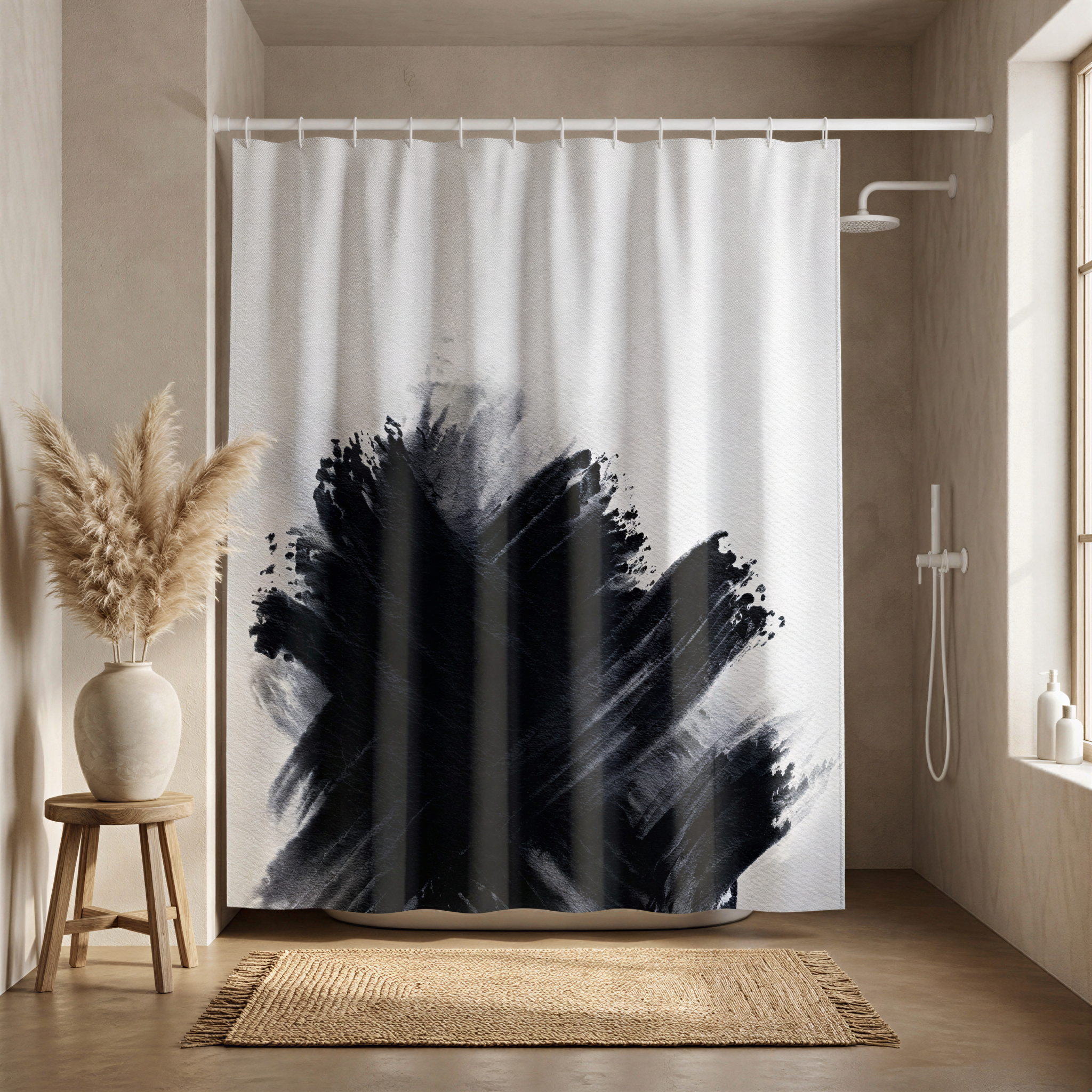 a bathroom with a shower curtain featuring a black and white abstract design. The shower curtain is hanging from a rod, and there is a vase with dried flowers placed on a small table next to the shower curtain. The room has a neutral color scheme, with a rug on the floor and a window providing natural light.
