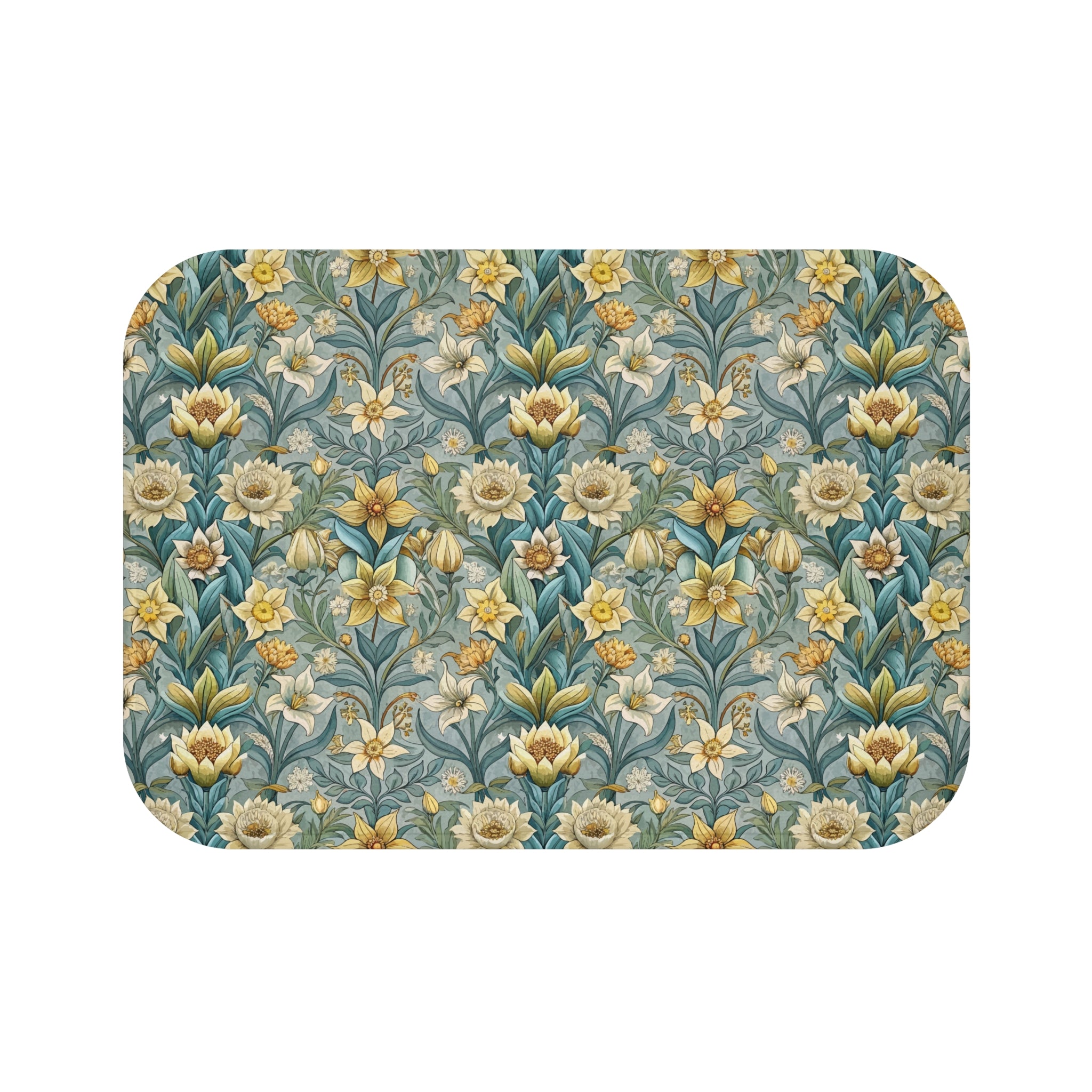 Floral Bath Mat | Vintage Blue Yellow Garden Kitchen Mat