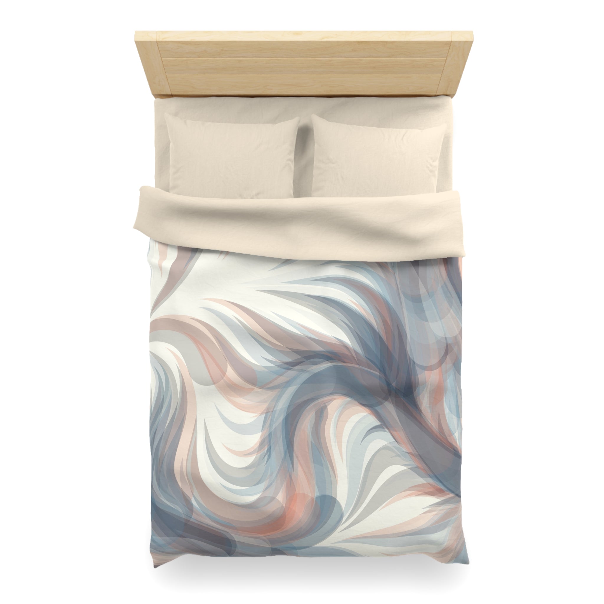a neatly made bed with a patterned comforter and pillows.