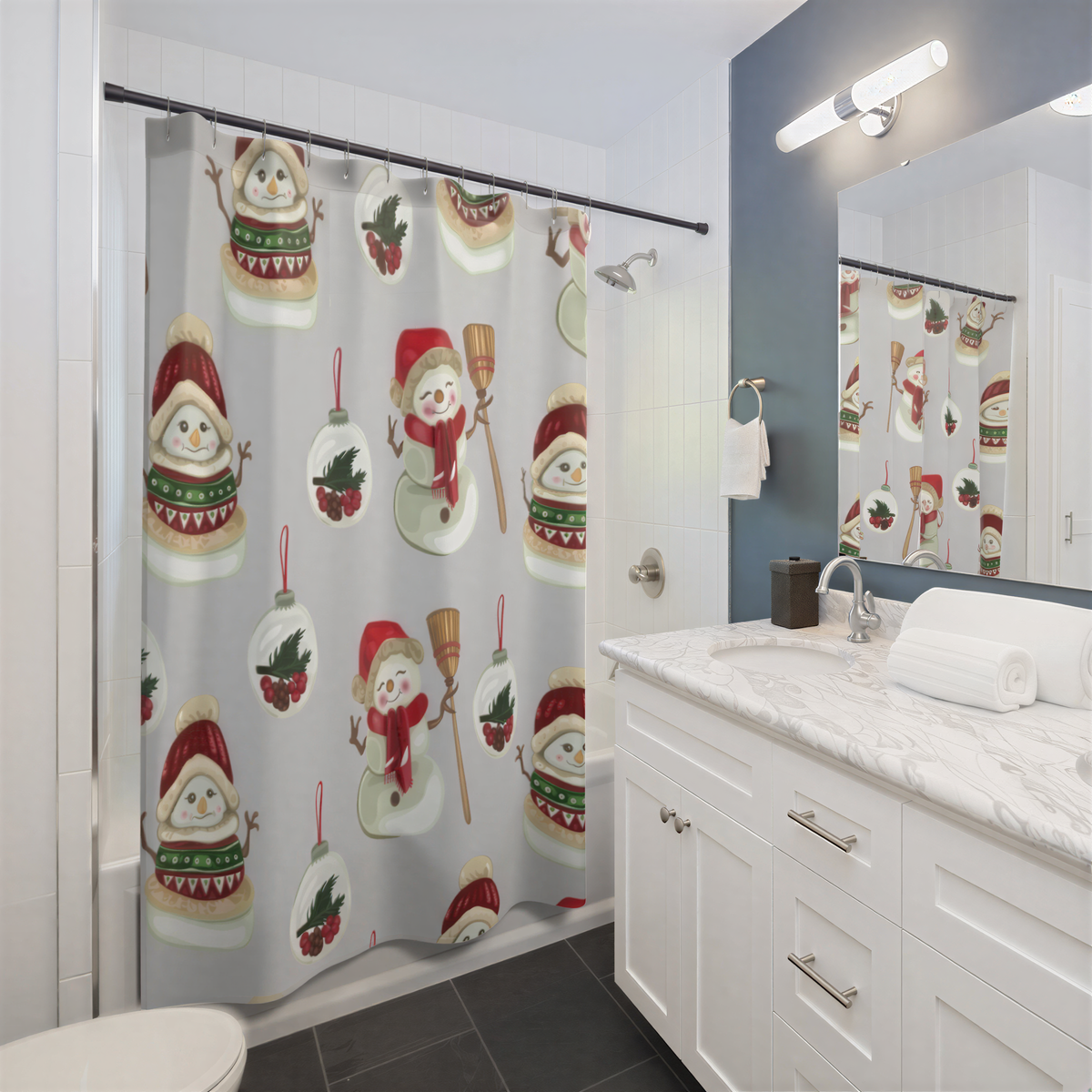 Christmas Shower Curtain Gray Snowmen Snow Globe hanging in a bathroom