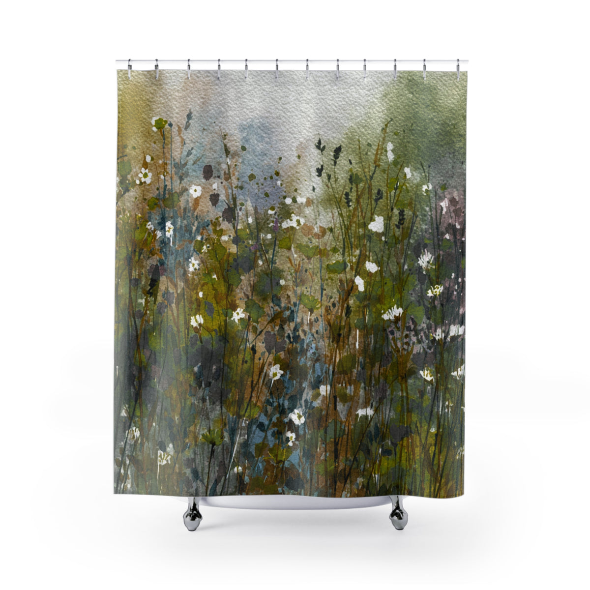 a vibrant and colorful painting of a field of flowers, with a variety of green, white, and brown hues. The painting is displayed on a shower curtain, which is hanging from a rod. The overall composition and color palette create a lively and visually appealing scene.