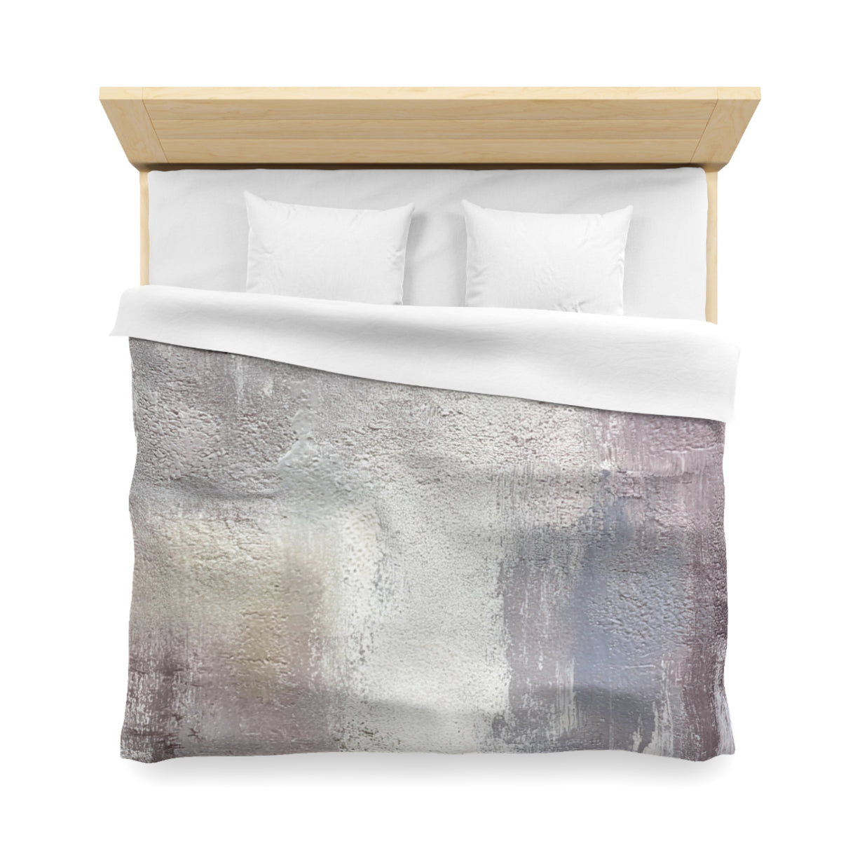 a neatly made bed with a wooden headboard and a white comforter featuring a textured abstract design in shades of gray and white.