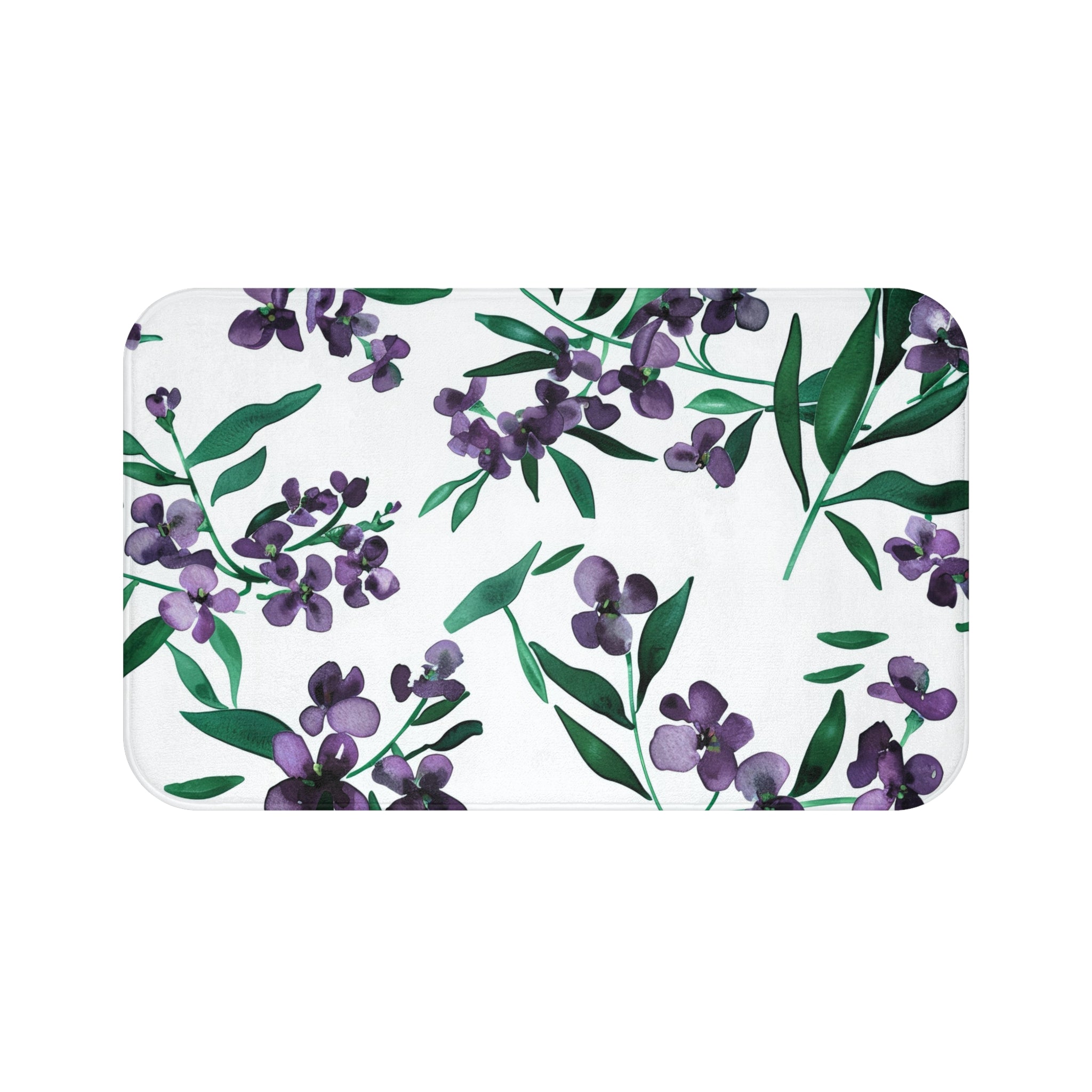 Floral Bath, Kitchen Mat | Botanical White Purple, Green Watercolor