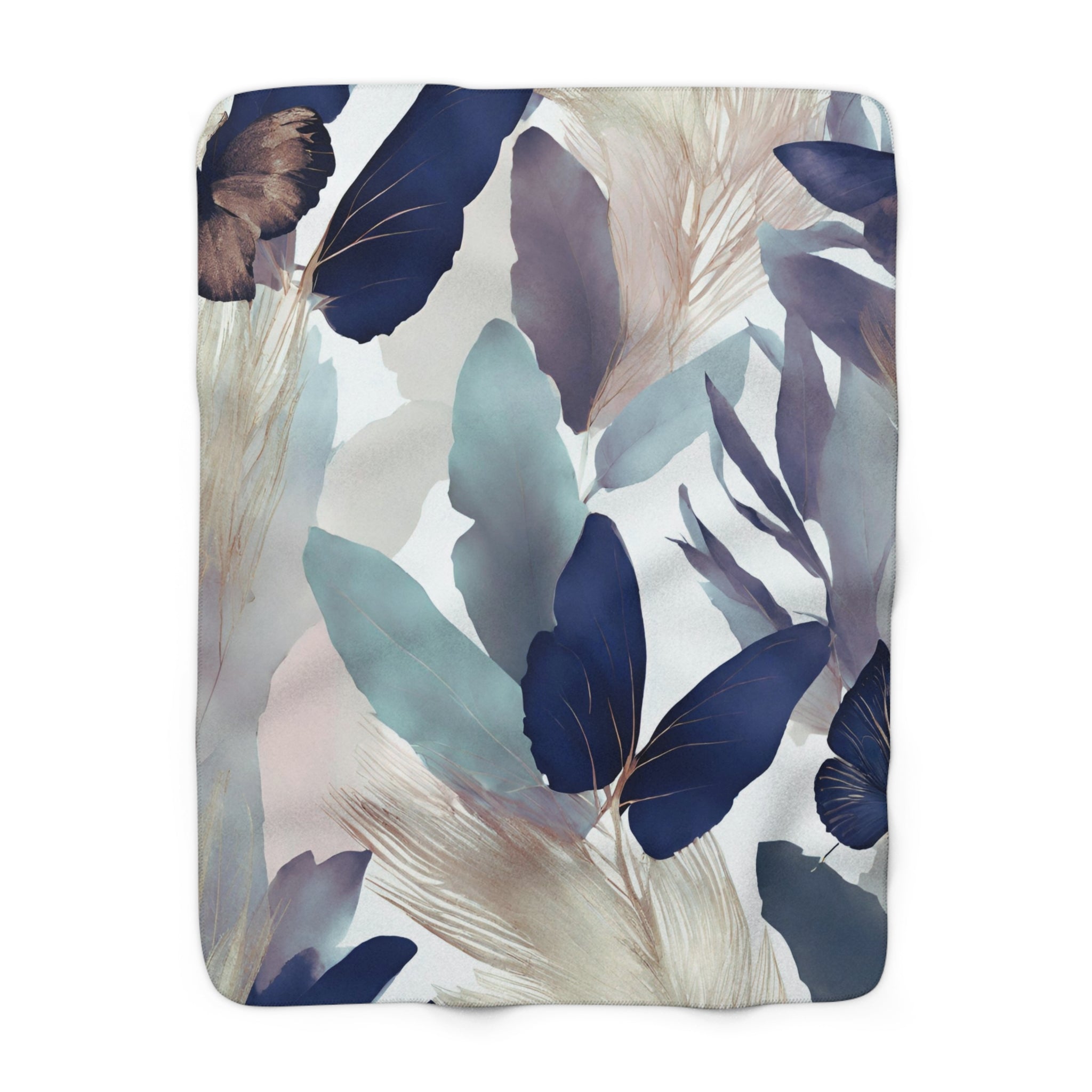 Floral Throw Blanket | Beige, Blue Abstract Leaves