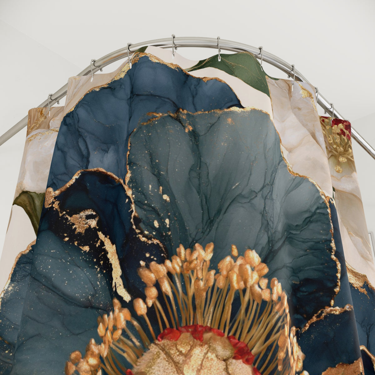 Navy Ivory Anemone Floral Shower Curtain, Bath Curtain 71x74