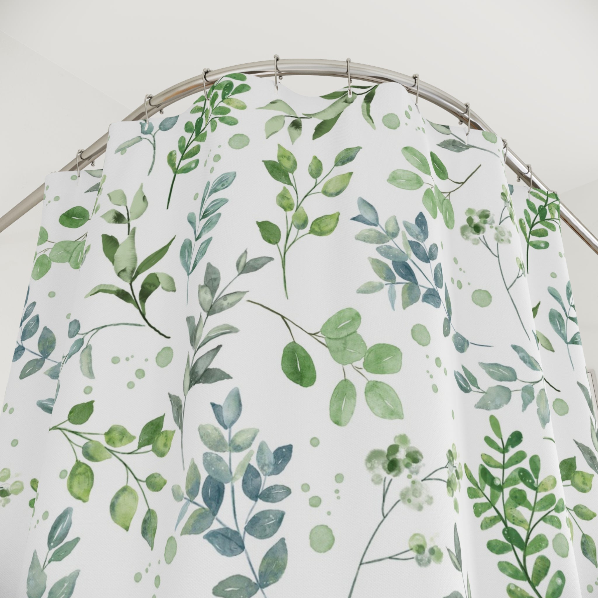 Boho Leaves Shower Curtain | Green Blue White Floral