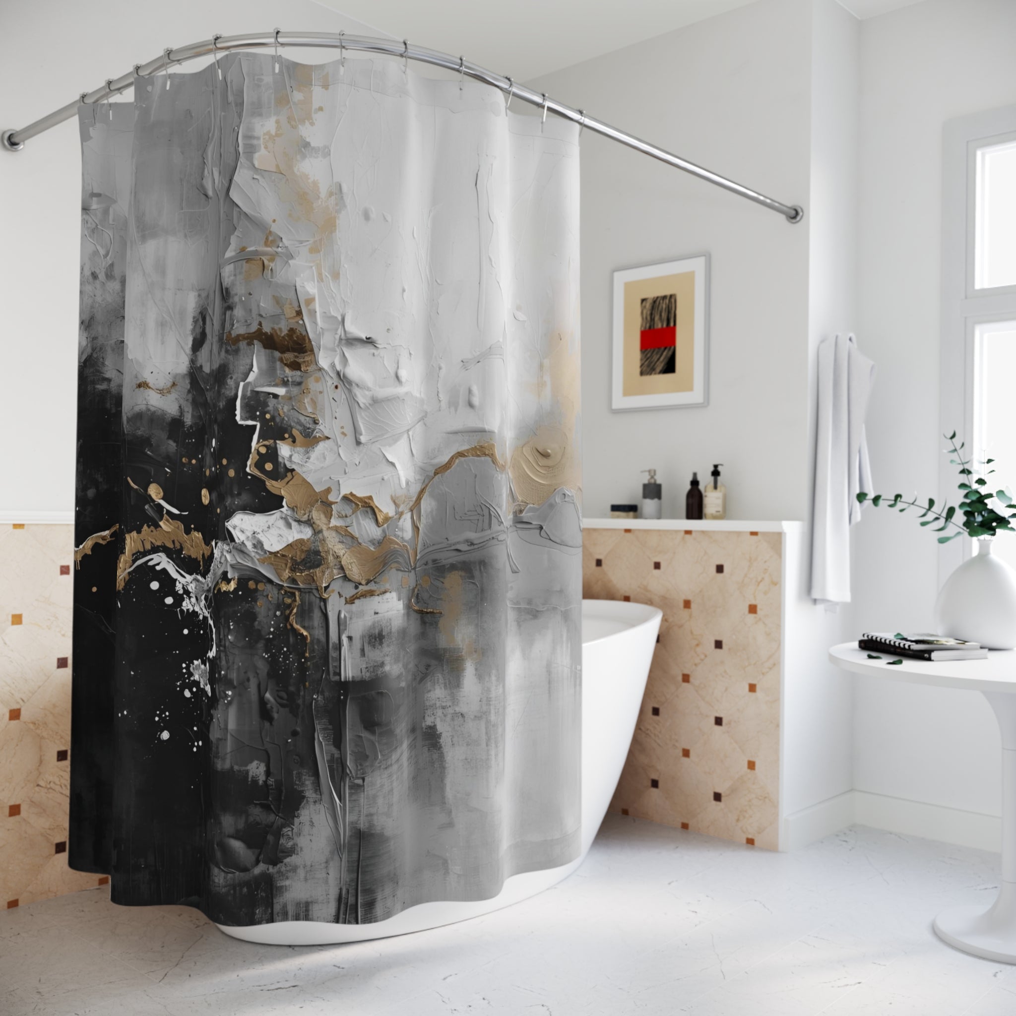 Black & White Shower Curtain | Grey Rustic Abstract Watercolor