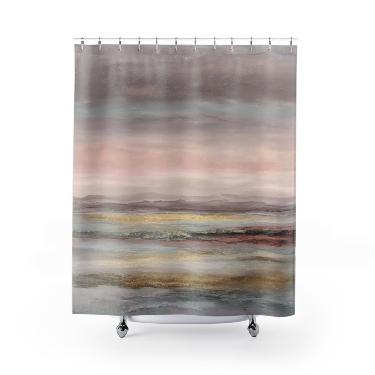 a shower curtain with a painting of a seascape on it.