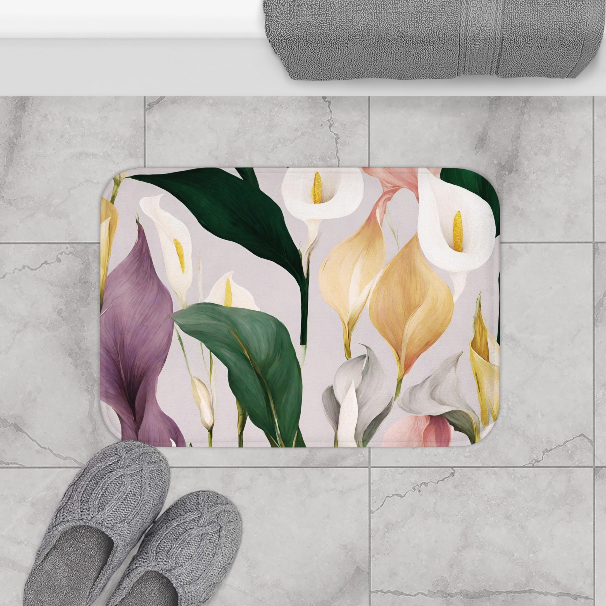 Calla Lilies Bath Mat, Kitchen Mat | Purple Pink Green