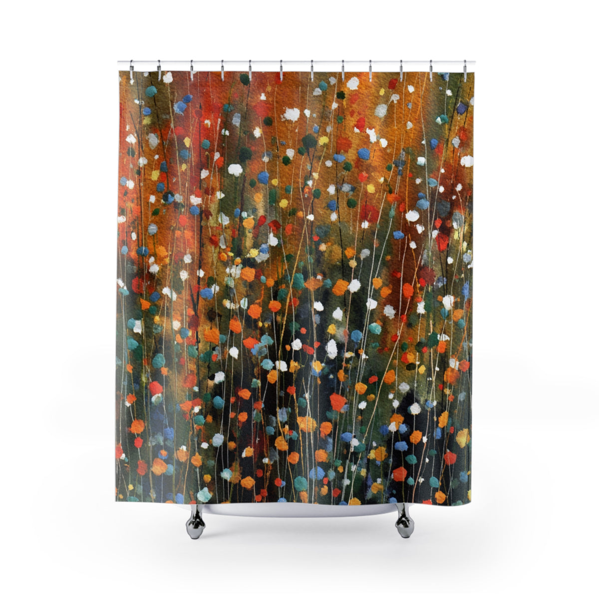 a vibrant abstract painting with a variety of colors and shapes, including red, orange, green, blue, and white dots and lines. The painting appears to be a collage of multiple images, creating a dynamic and visually striking composition.