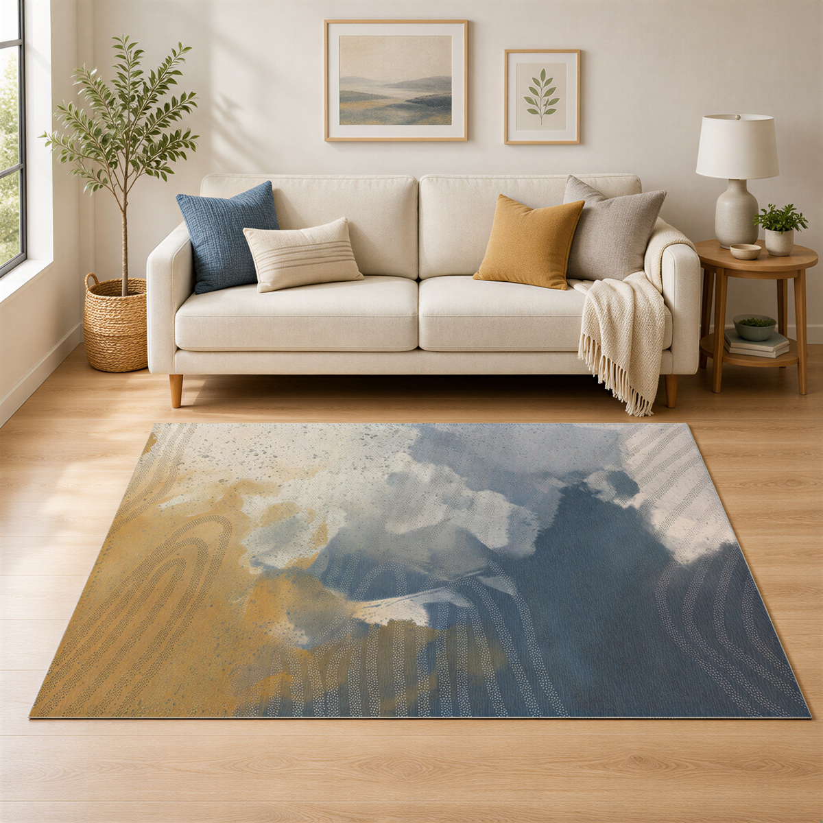 a cozy living room with a beige sofa, a large abstract rug, and a potted plant. The room has a neutral color palette with a touch of blue and gray accents, creating a warm and inviting atmosphere.