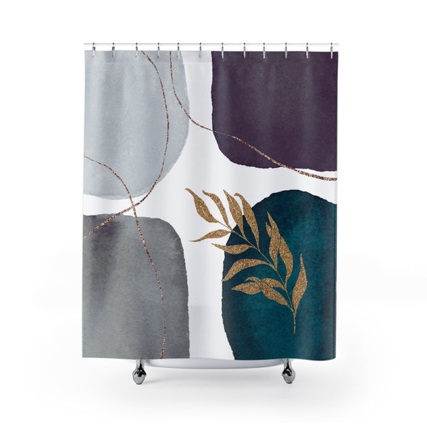 Abstract Shower Curtain | Grey White, Teal Purple, Beige Floral
