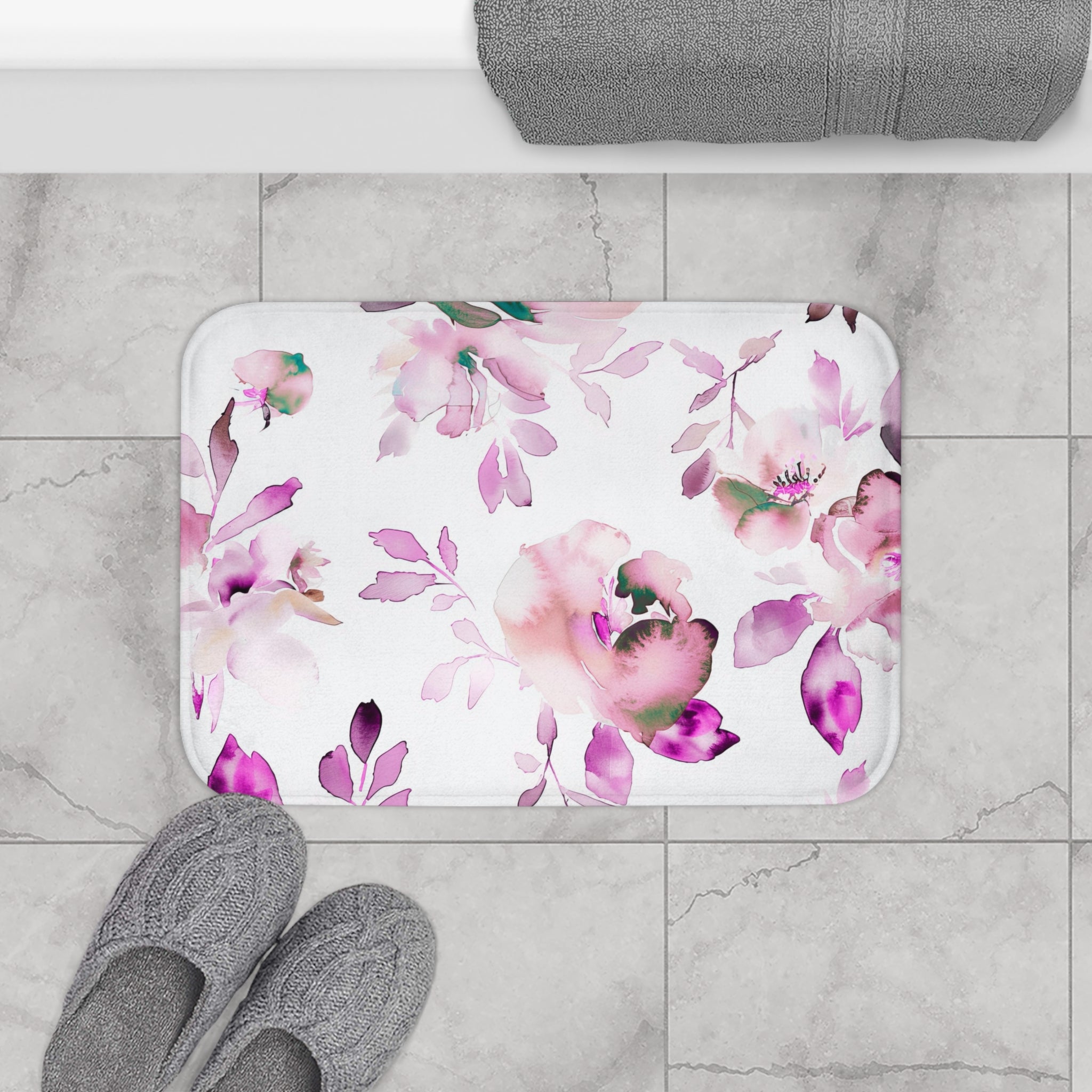 Floral Bath, Kitchen Mat | White Pink, Green Leaves Watercolor