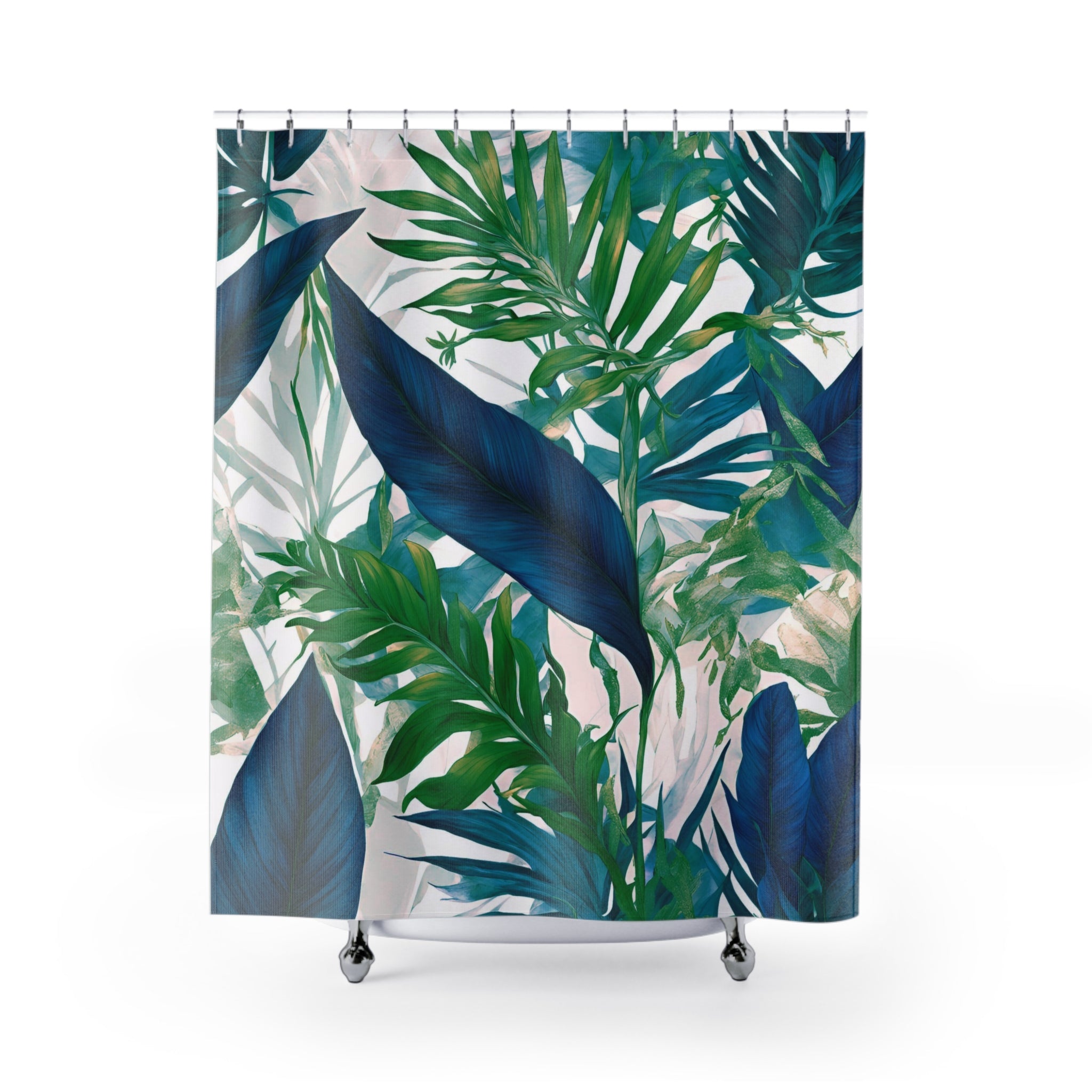 Floral Shower Curtain | Coastal Indigo Blue, Emerald Green