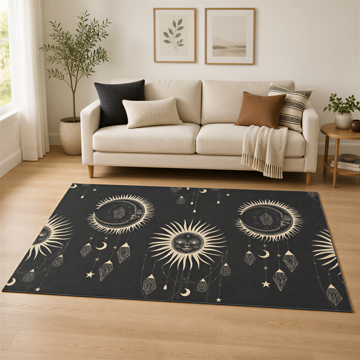 a living room with a white sofa, a black and white rug with a sun and moon design, and a potted plant.