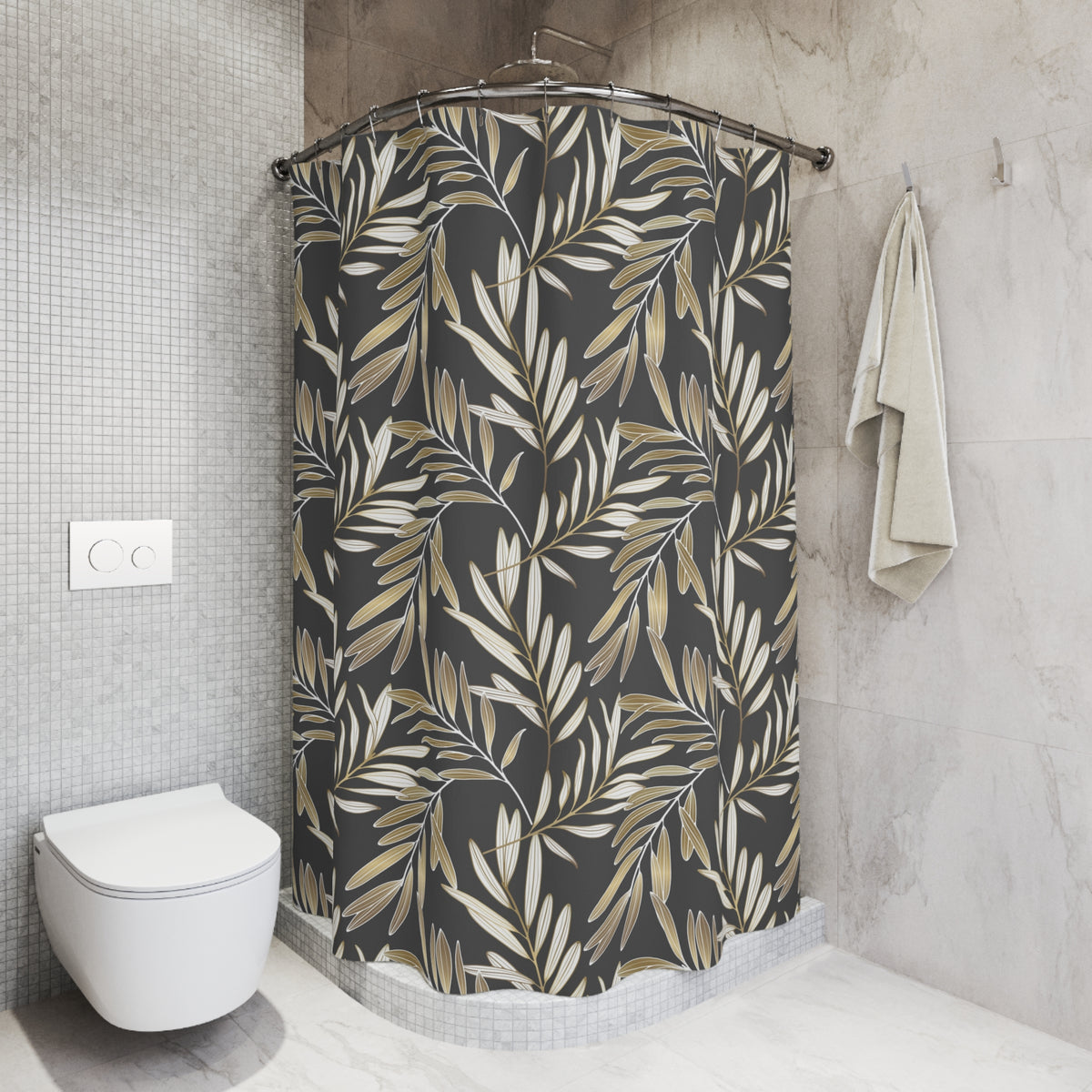 a bathroom with a shower curtain adorned with a tropical leaf pattern in shades of black and gold. The shower curtain is hanging from a rod next to a towel. The bathroom also includes a toilet and a sink.