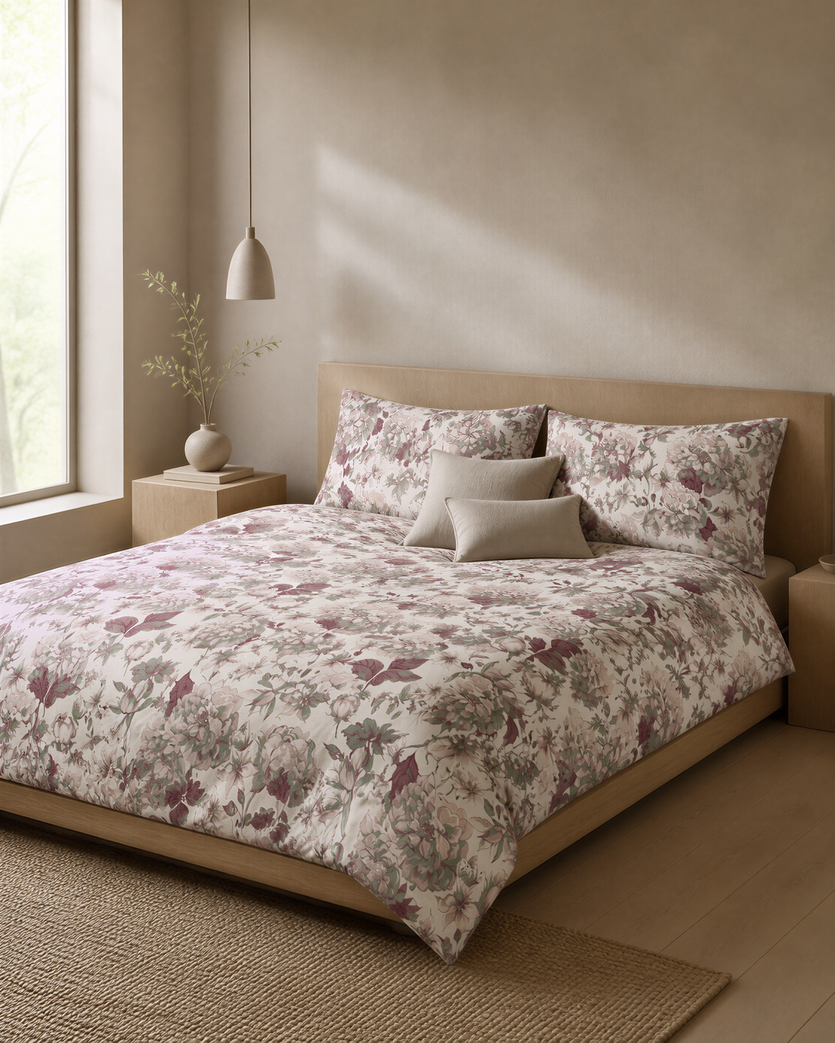 a serene and cozy bedroom with a large bed adorned with a floral comforter and matching pillows. The bed is positioned against a wall with a window, allowing natural light to fill the space. A small side table is placed next to the bed, and a hanging light fixture adds to the room's ambiance.