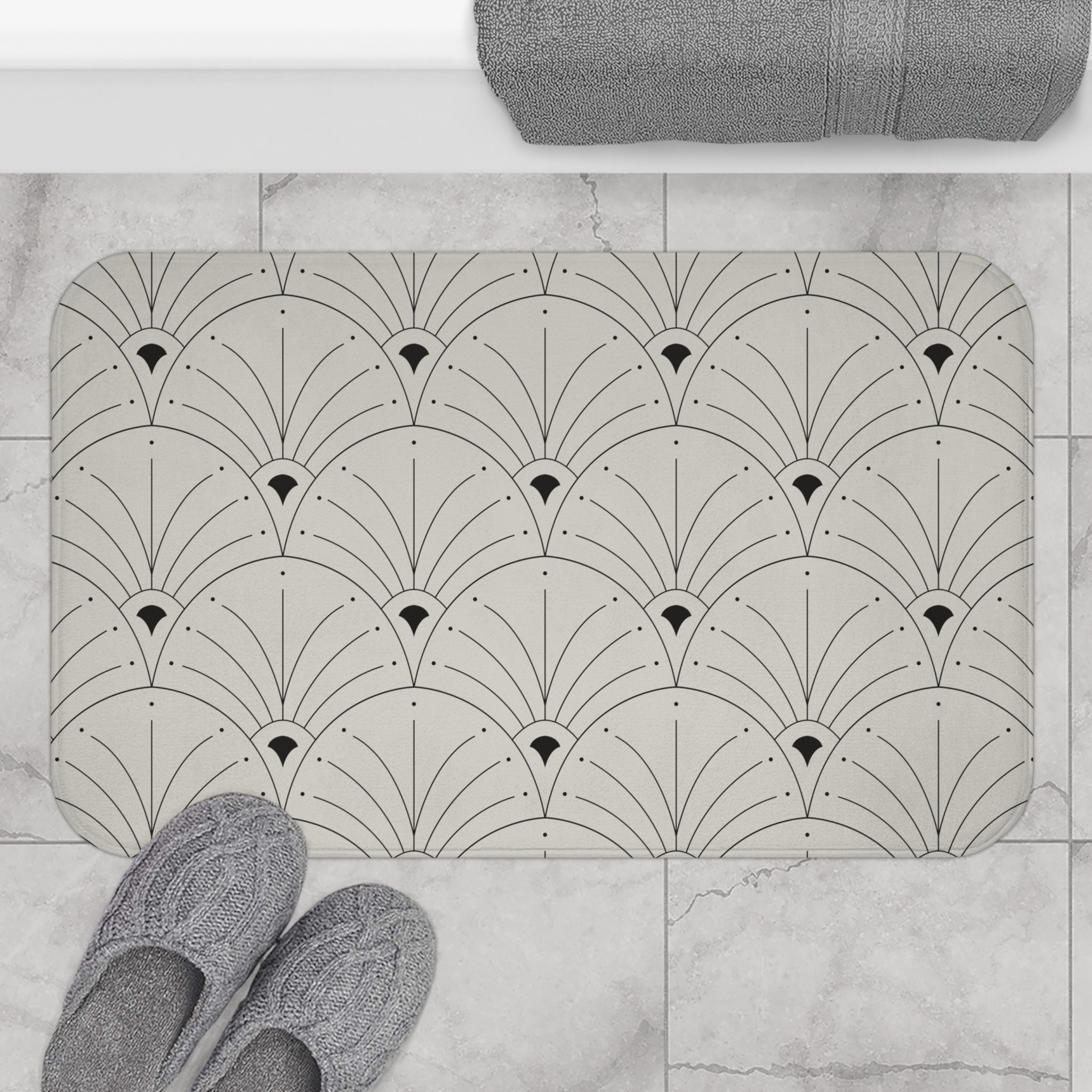 Boho Bath, Kitchen Mat |  Art Deco Nouveau Fan Grey Black