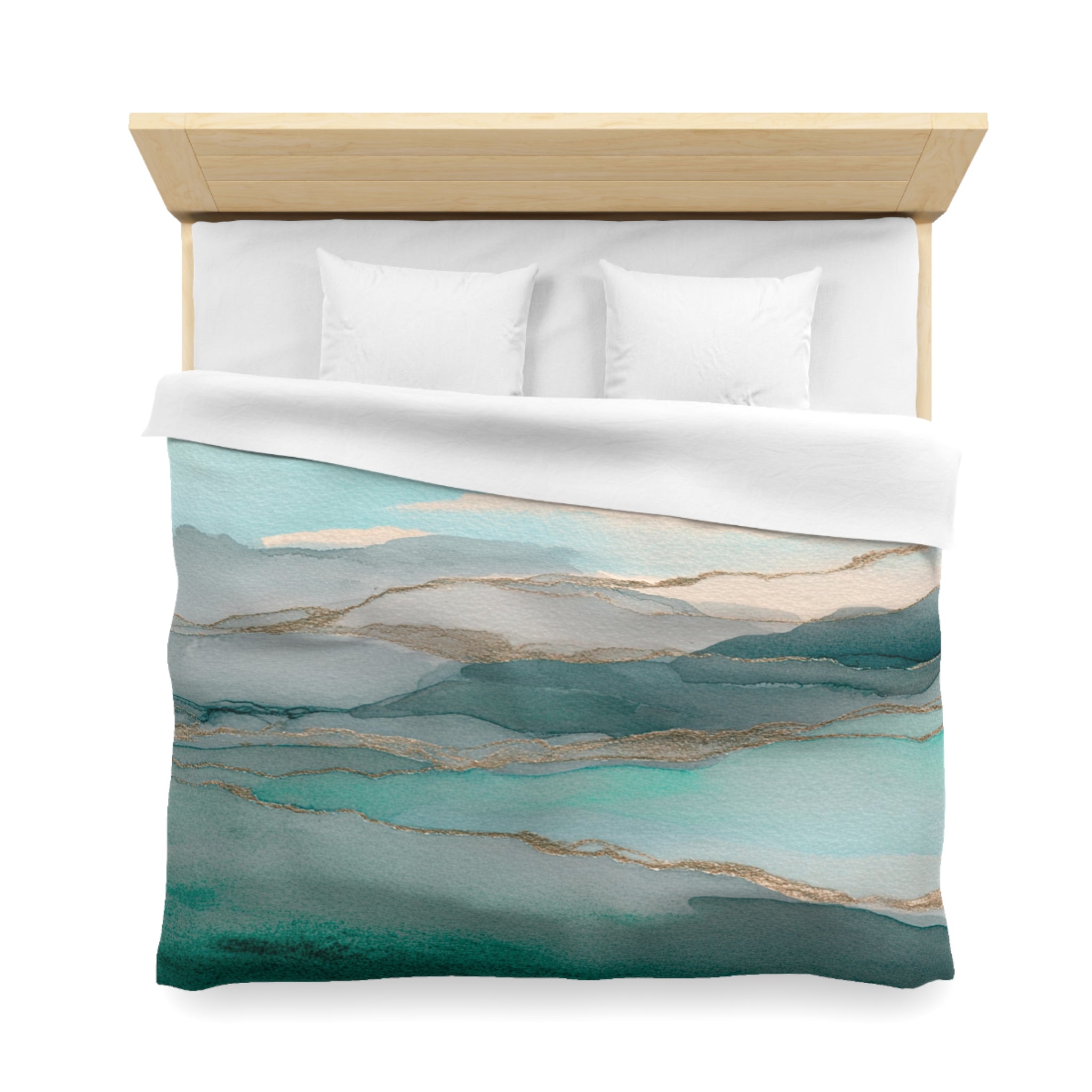 a neatly made bed with a white comforter and pillows. The bed has a wooden headboard and a colorful, abstract watercolor-style print on the comforter.