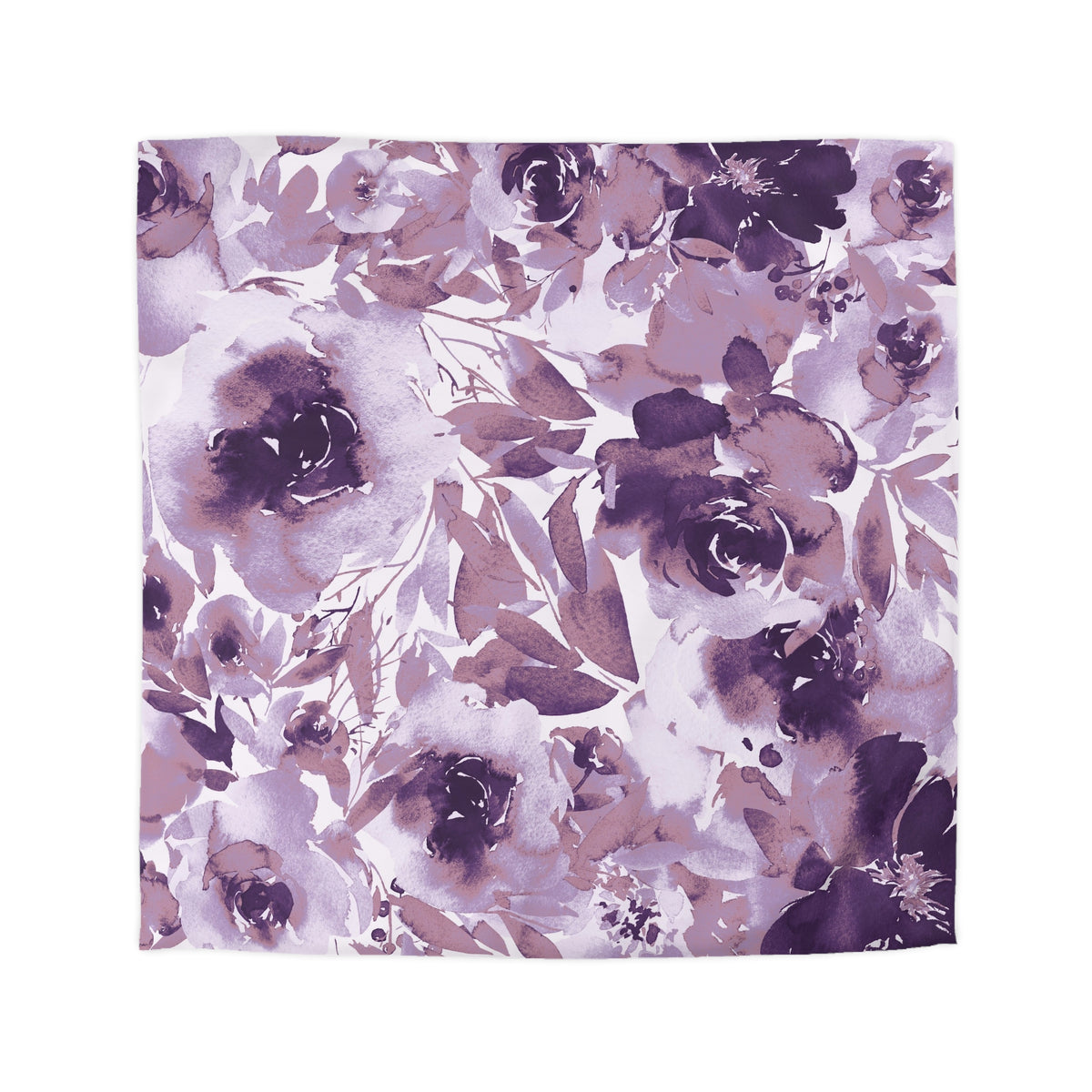 a square-shaped floral print with a predominantly purple and white color scheme. The flowers are arranged in a repeating pattern, creating a visually striking and harmonious design.