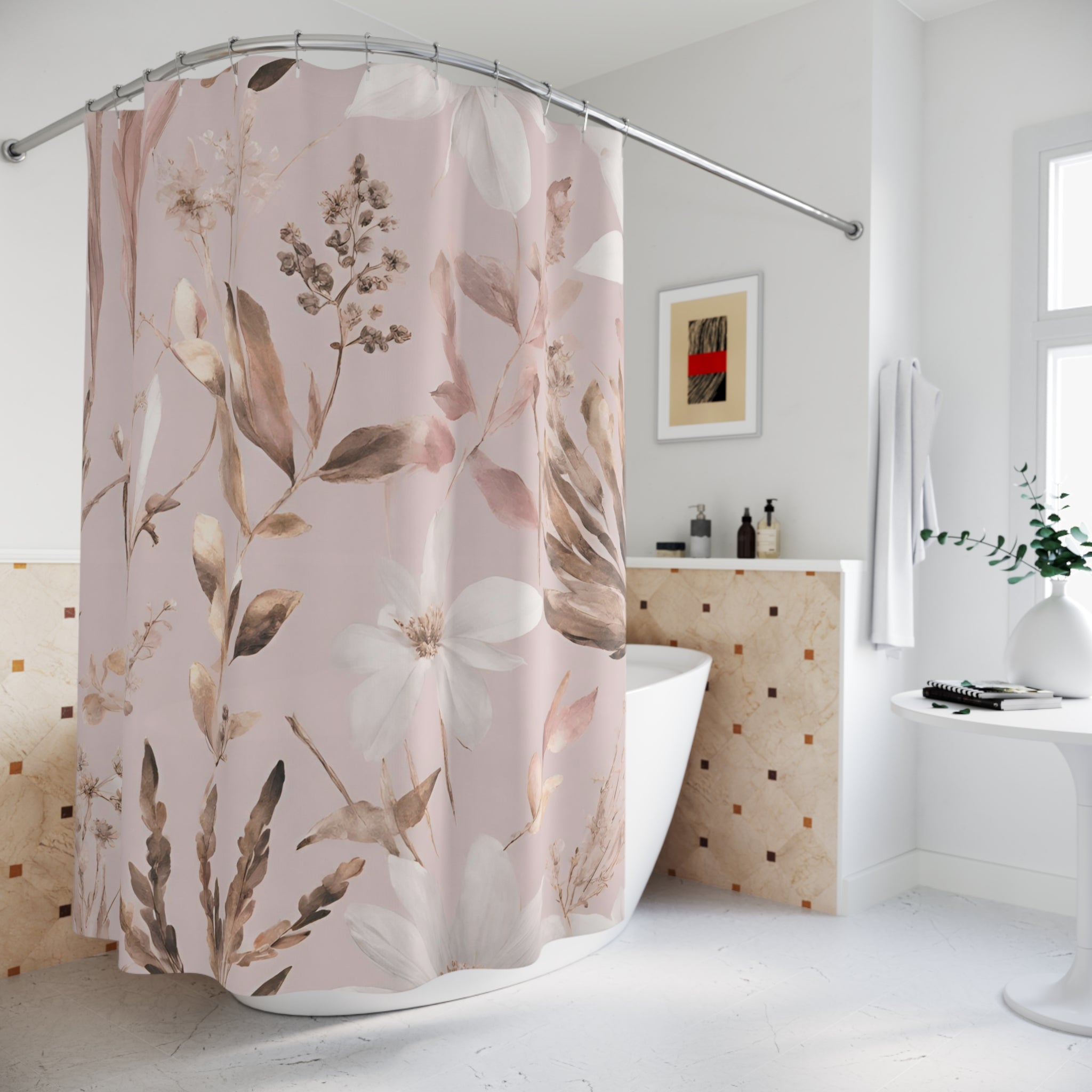 Pink Shower Curtain | Floral, Muted Gold Botanical