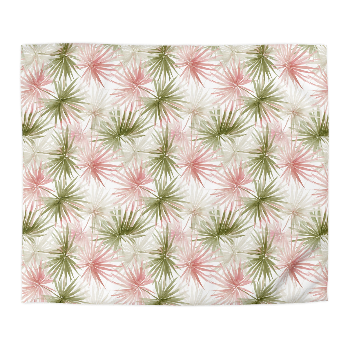 a repeating pattern of pink and green palm leaves against a white background.