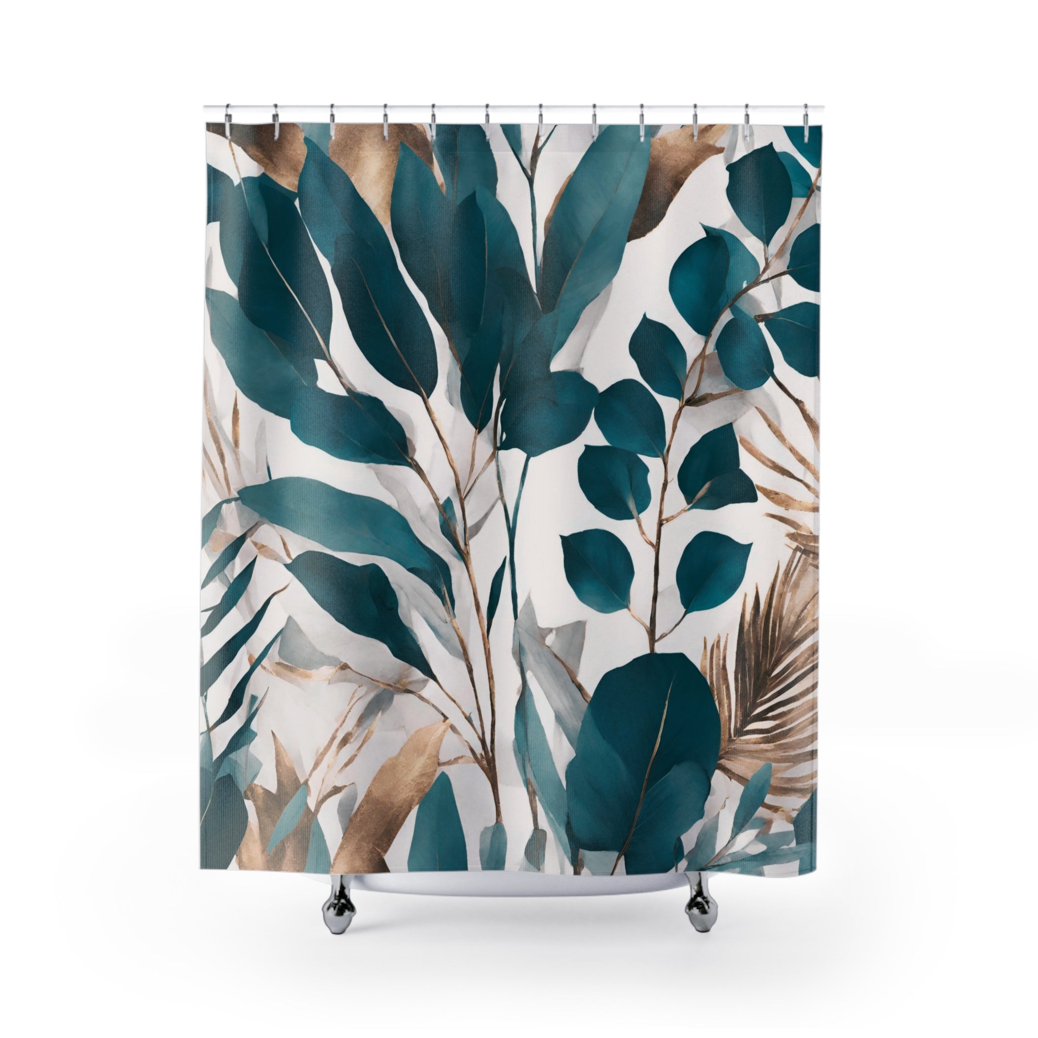 Boho Shower Curtain | Floral Teal Green, Bronze Leaves Bath Curtain