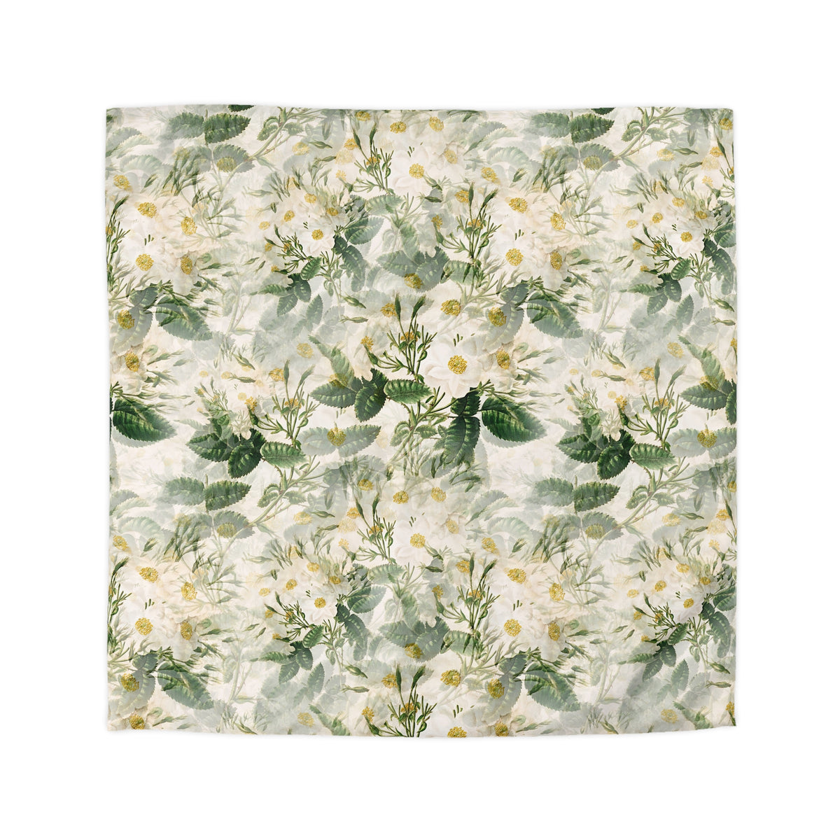 a square-shaped floral print with a repeating pattern of white flowers and green leaves.