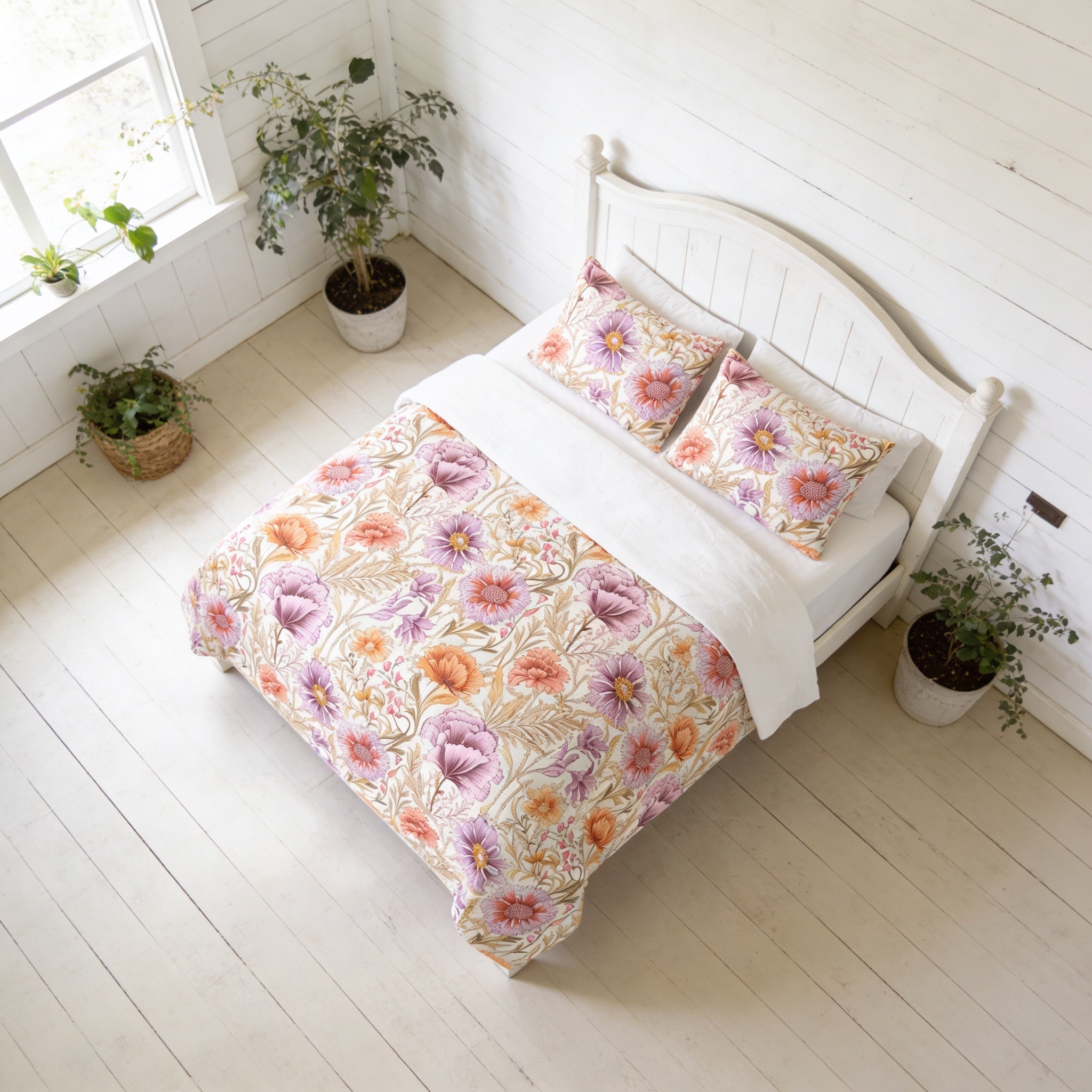 a bedroom with a white wooden headboard and a floral bedspread. There are two potted plants on either side of the bed, and a basket is placed on the floor near the window.